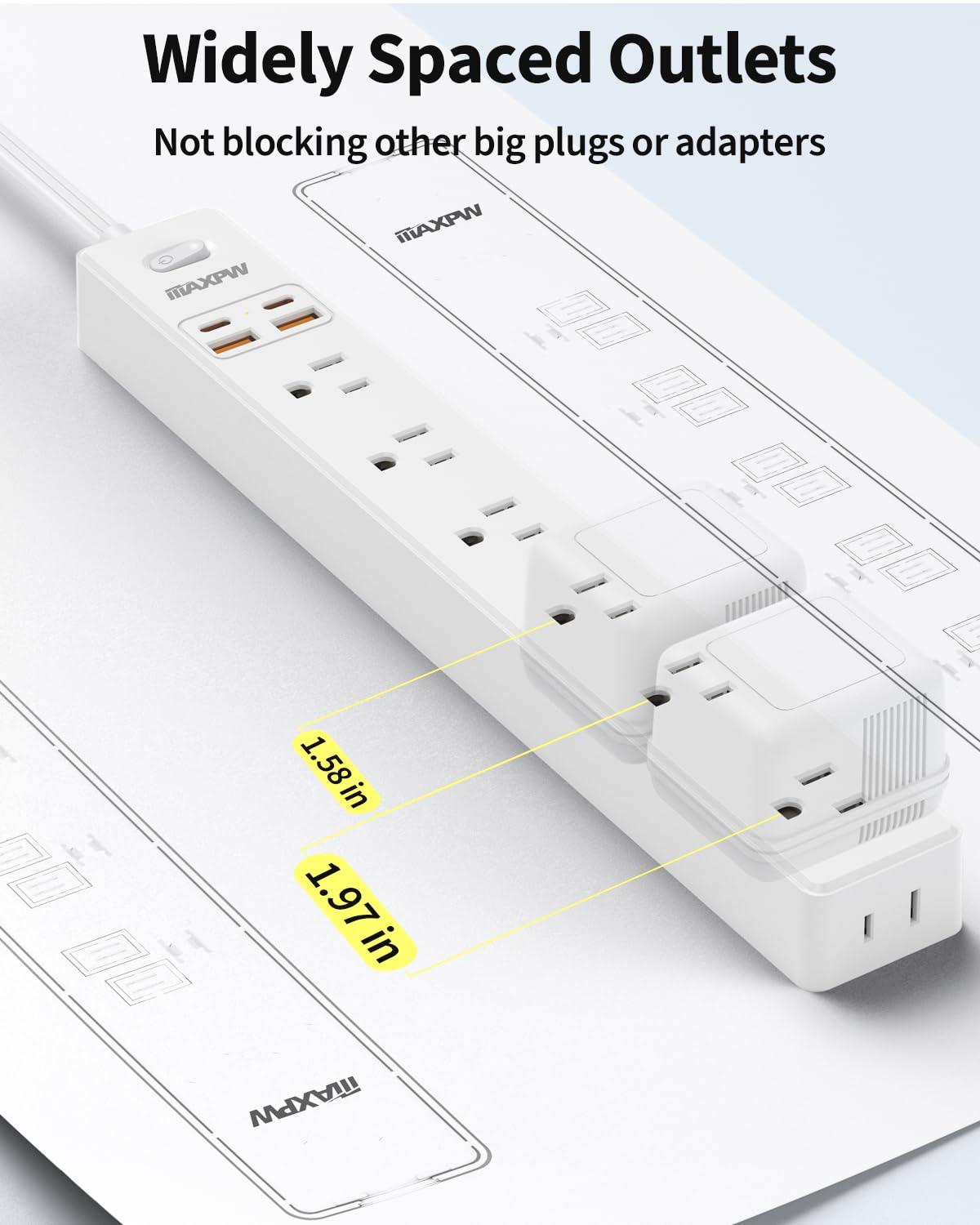 10 Ft Power Strip Surge Protector - 7 Outlets 4 USB Ports (2 USB C), Ultra Thin Flat Extension Cord & Flat Plug, 1700 Joules, Wall Mount, Desk Charging Station for Home Office Dorm, White - Image 3