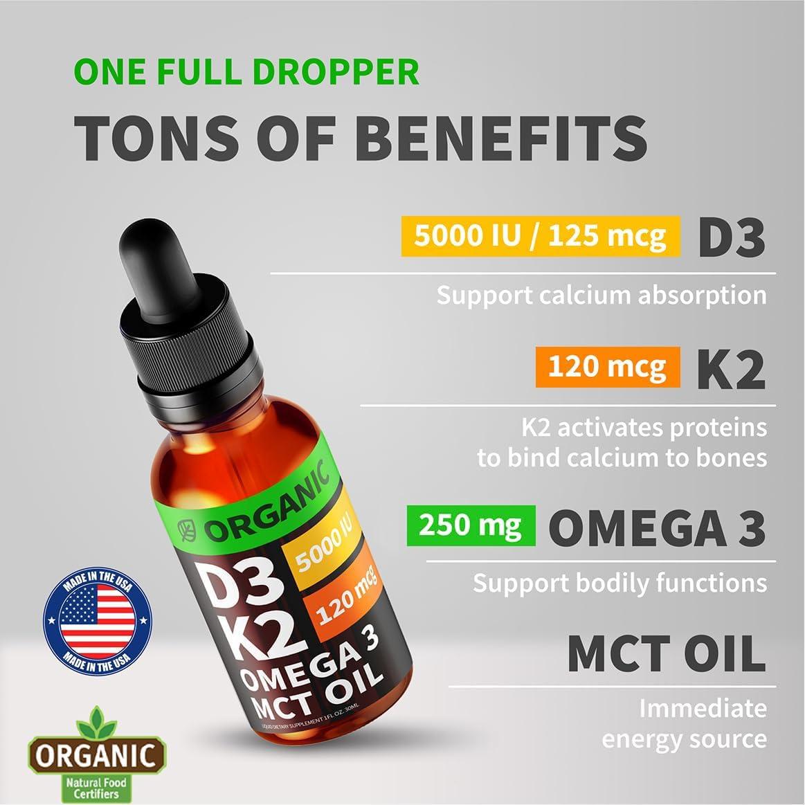 (2 Pack) Organic Vitamin D3 K2 Drops with MCT Oil, Omega 3, 5000 IU - Vitamin D Liquid, No Fillers, Non-GMO D3 for Body’s Defenses and Faster Absorption, Unflavored, 2 Fl Oz - Image 3
