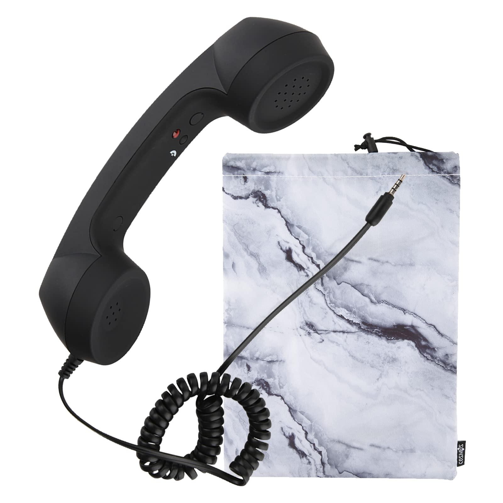 Cosmos Retro Handset Cell Phone Receiver MIC Microphone Speaker for Smartphone Cellphone with 3.5 mm Socket, Black Color with Marble Pattern Carrying Bag