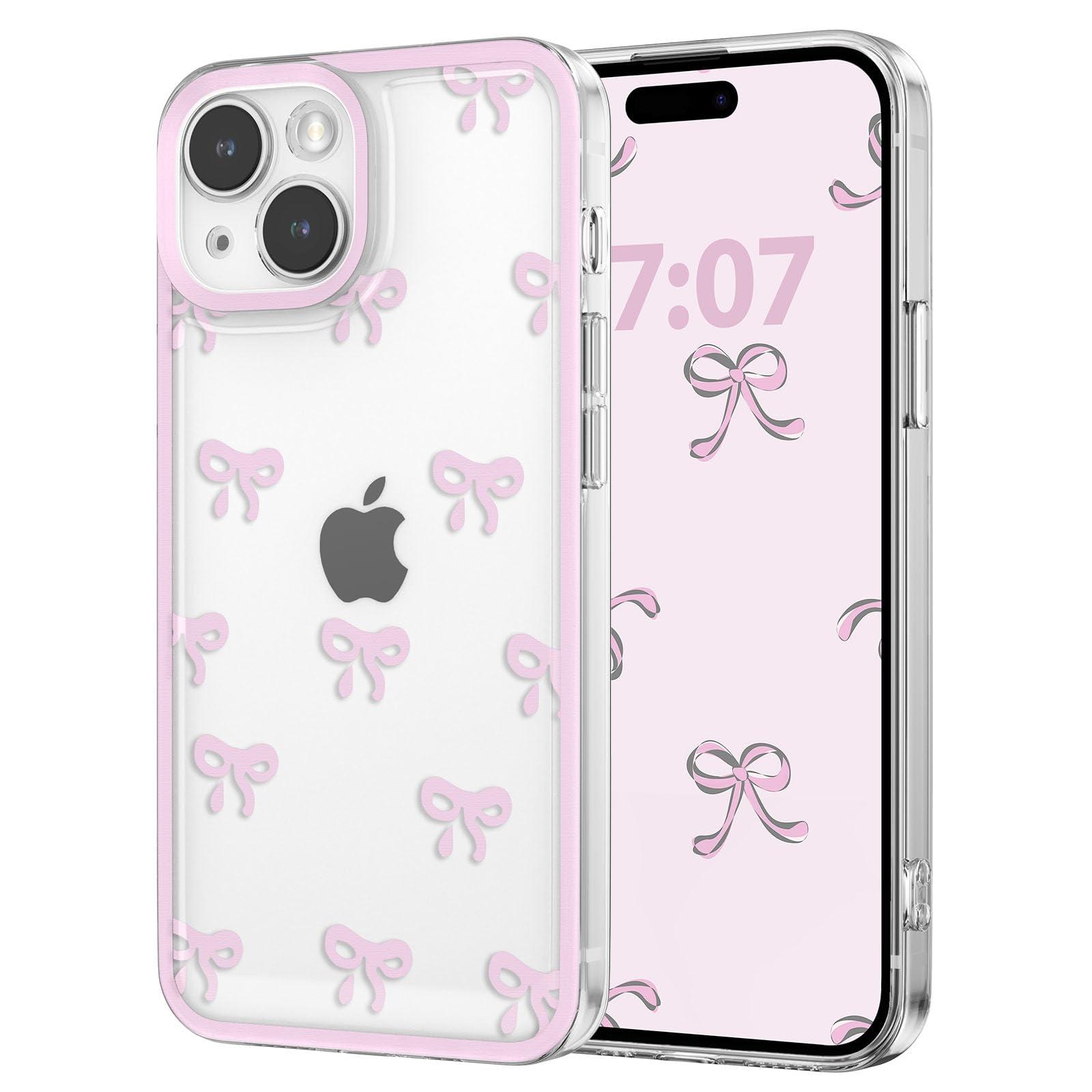 EYZUTAK Case for iPhone 13, Clear Cute Ribbon Bowknot Pattern Aesthetic Transparent Phone Case Raised Camera Protection Stylish Slim Soft Durable TPU Protective Cover for Women Girls - Pink - Image 9
