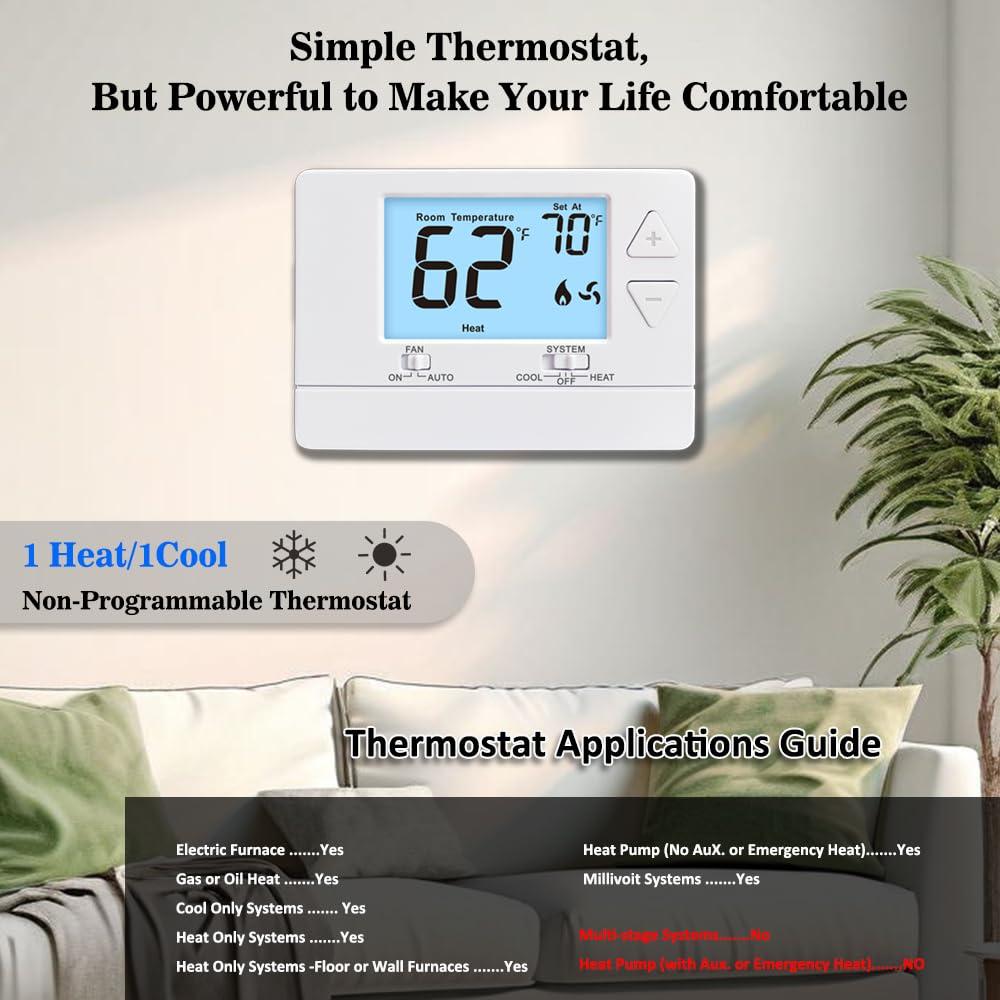 NonProgrammable Thermostat for Home, Digital Energy-Saving Thermostat,Single-Stage Systems, 1 Heat/1 Cool, Easy DIY Install,White Backlight - Image 7