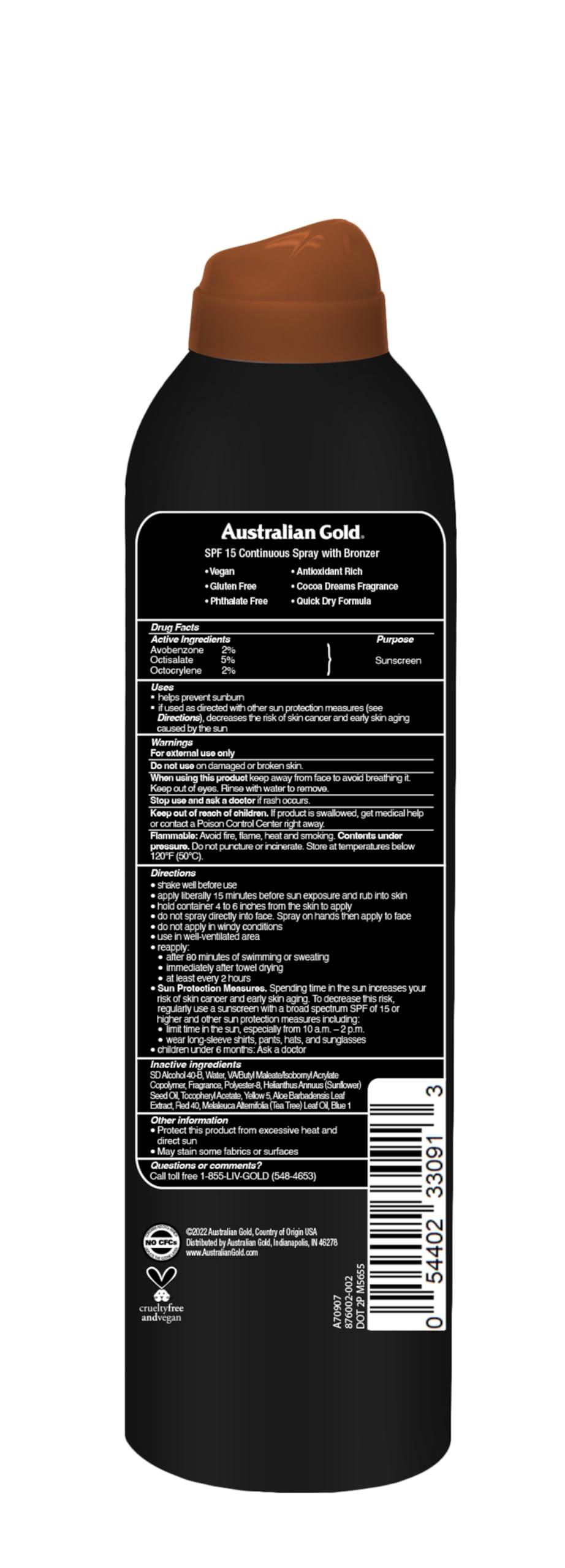 Australian Gold Continuous Spray Sunscreen with Instant Bronzer SPF 15, Immediate Glow & Dries Fast, Broad Spectrum, Water Resistant, Non-Greasy, Oxybenzone Free, Cruelty Free, 6 Ounce - Image 2