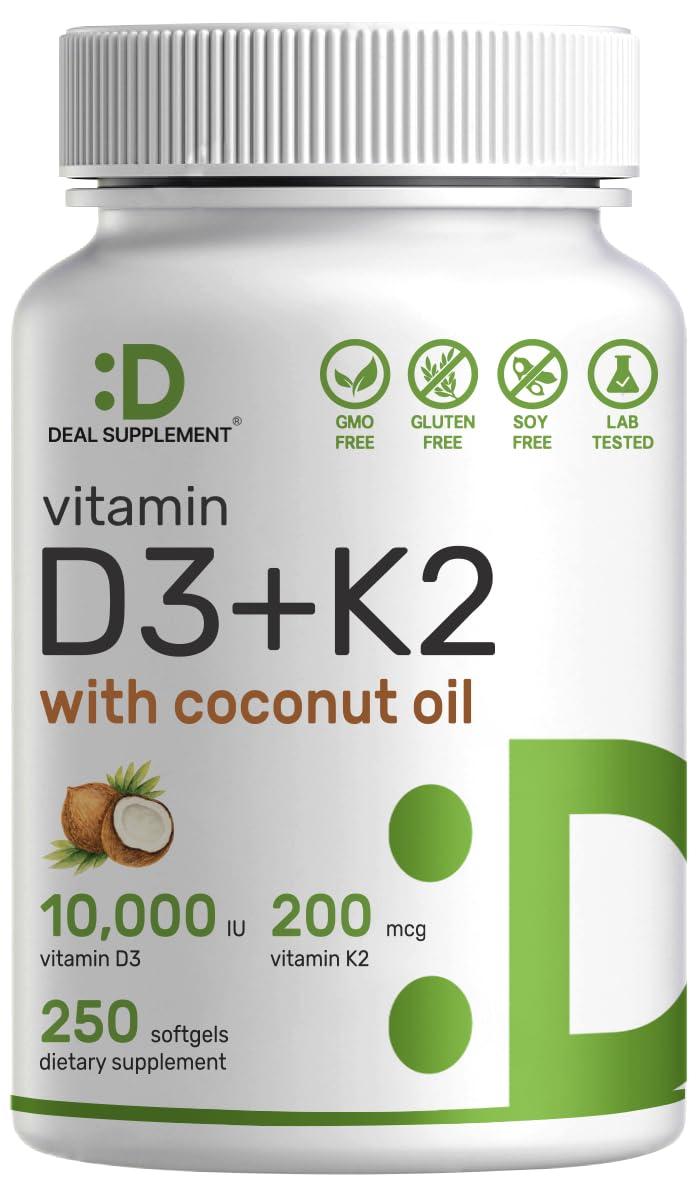 DEAL SUPPLEMENT Vitamin D3 10,000 IU + K2 MK7 200 mcg, Infused with Virgin Coconut Oil, 250 Softgels, Double Strength Vitamin D & K, Promotes Heart, Bone & Teeth Health - Very Easy to Swallow