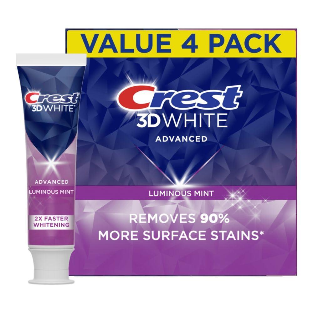 Crest 3D White Advanced Luminous Mint Teeth Whitening Toothpaste, Crest Toothpaste, 3.7 oz Pack of 4 - Helps Remove Surface Stains, Whitens Teeth, Strengthens Tooth Enamel, Protects Against Cavities - Image 1