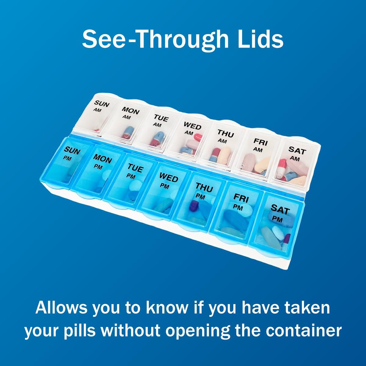 Amazon Basic Care (7-Day) AM/PM Pill Organizer, Vitamin Case, And Medicine Box, Large Compartments, 2 Times a Day, Blue and Clear Lids - Image 4
