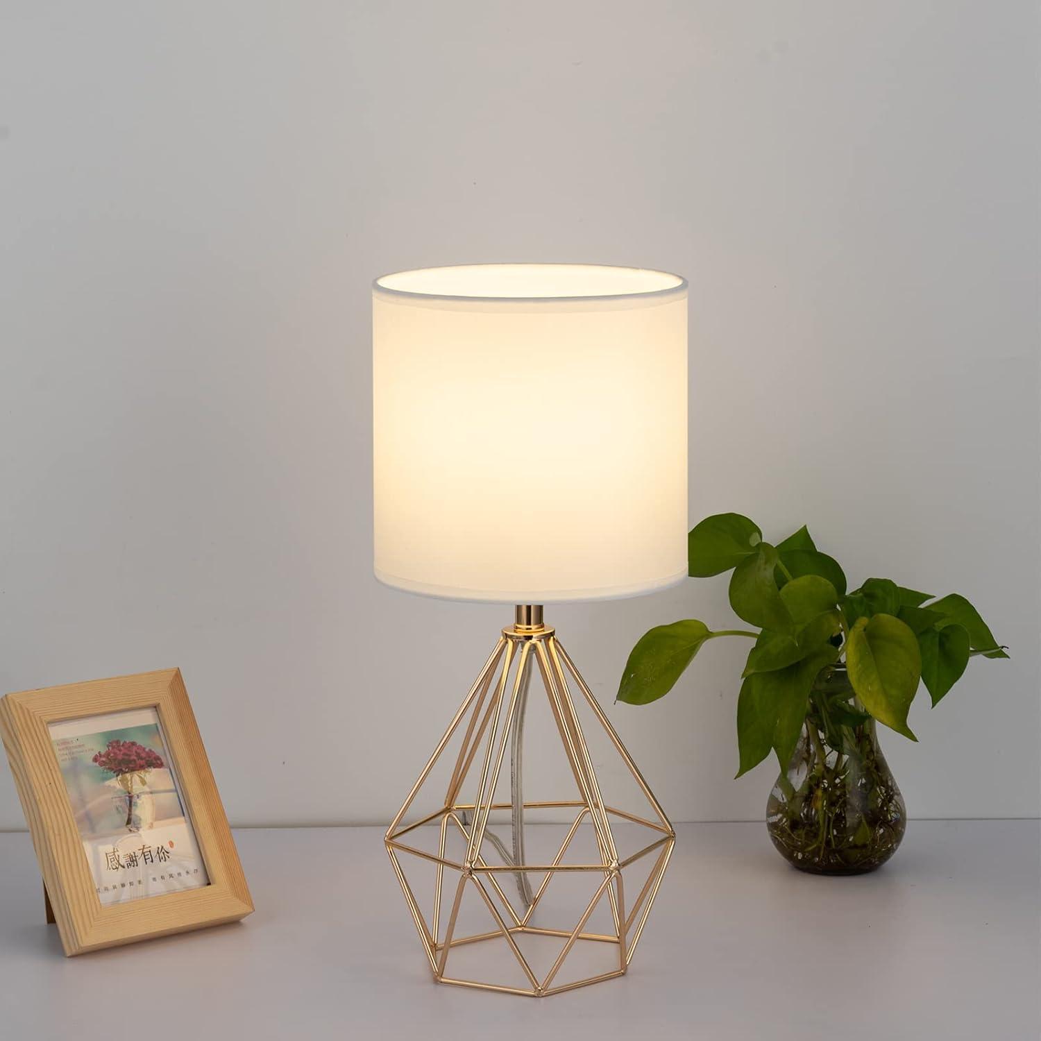 COTULIN Gold Modern Hollow Out Base Bedroom Small Table Lamp,Bedside Nightstand Lamp with Geometric Metal Base White Fabric Shade,Cute Desk Lamp for Kids Living Room - Image 6
