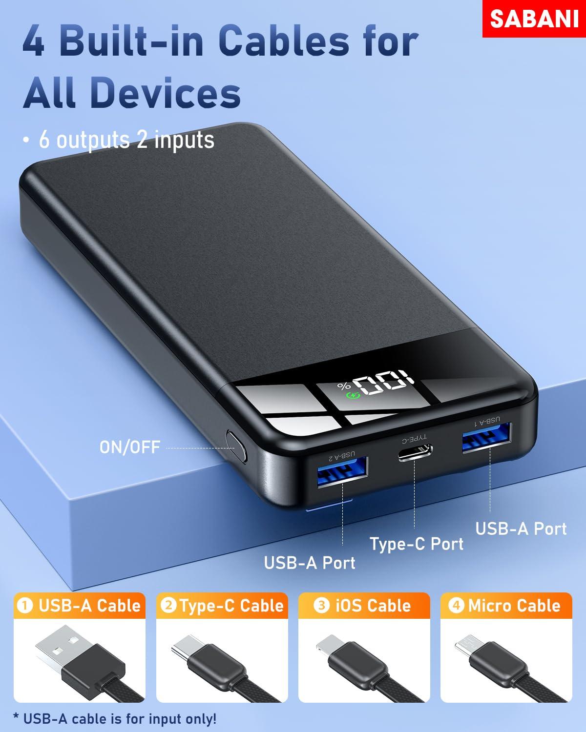 SABANI Portable Charger 35000mAh Power Bank - Portable Battery with 4 Built in Cables, 22.5W Fast Charging Battery Pack Compatible with iPhone 16 15 14 13 Samsung Android Phone etc (1 Pack, Black) - Image 2
