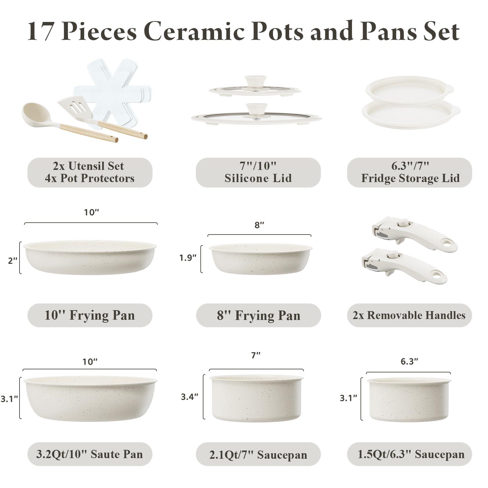 Bazova Ceramic Nonstick Cookware Set, Healthy,Non Toxic,17-Pieces Pots and Pans Set Removable Handles,Induction RV Kitchen Set,Stain & Scratch-resistant,Dishwasher/Oven Safe,PFAS/PFOA Free,Cream White - Image 2