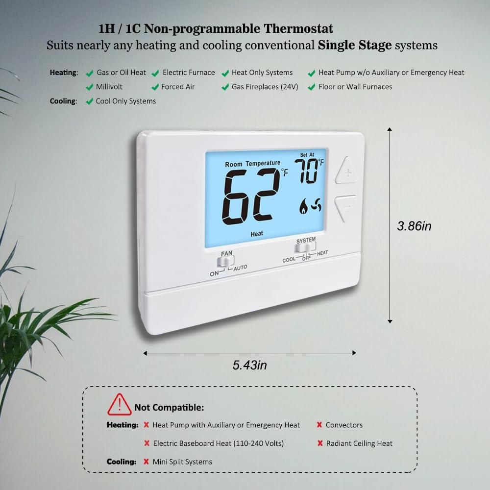 NonProgrammable Thermostat for Home, Digital Energy-Saving Thermostat,Single-Stage Systems, 1 Heat/1 Cool, Easy DIY Install,White Backlight - Image 3