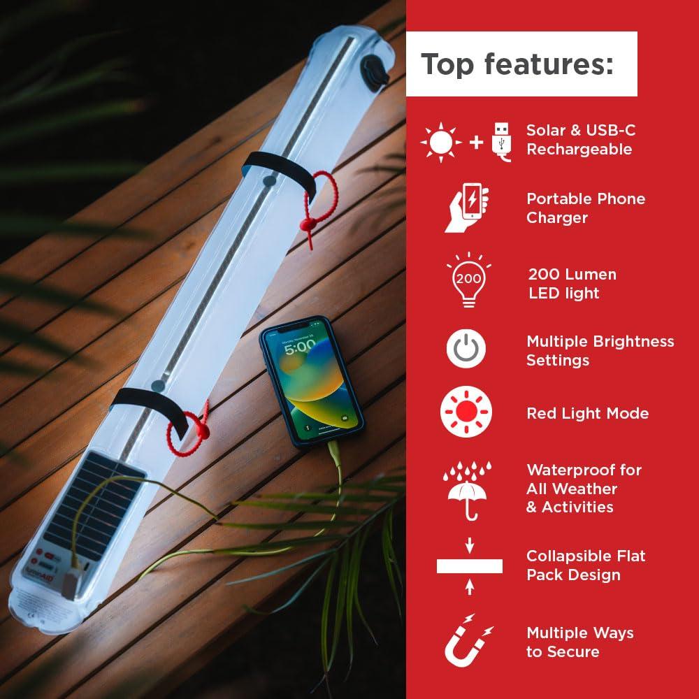 LuminAID Solar Beam with Phone Charger - Shatterproof & Waterproof Inflatable Tube Lantern with 300 Lumens of Bright LED - Perfect for Camping, Backpacking, Hiking, Emergency - Image 2