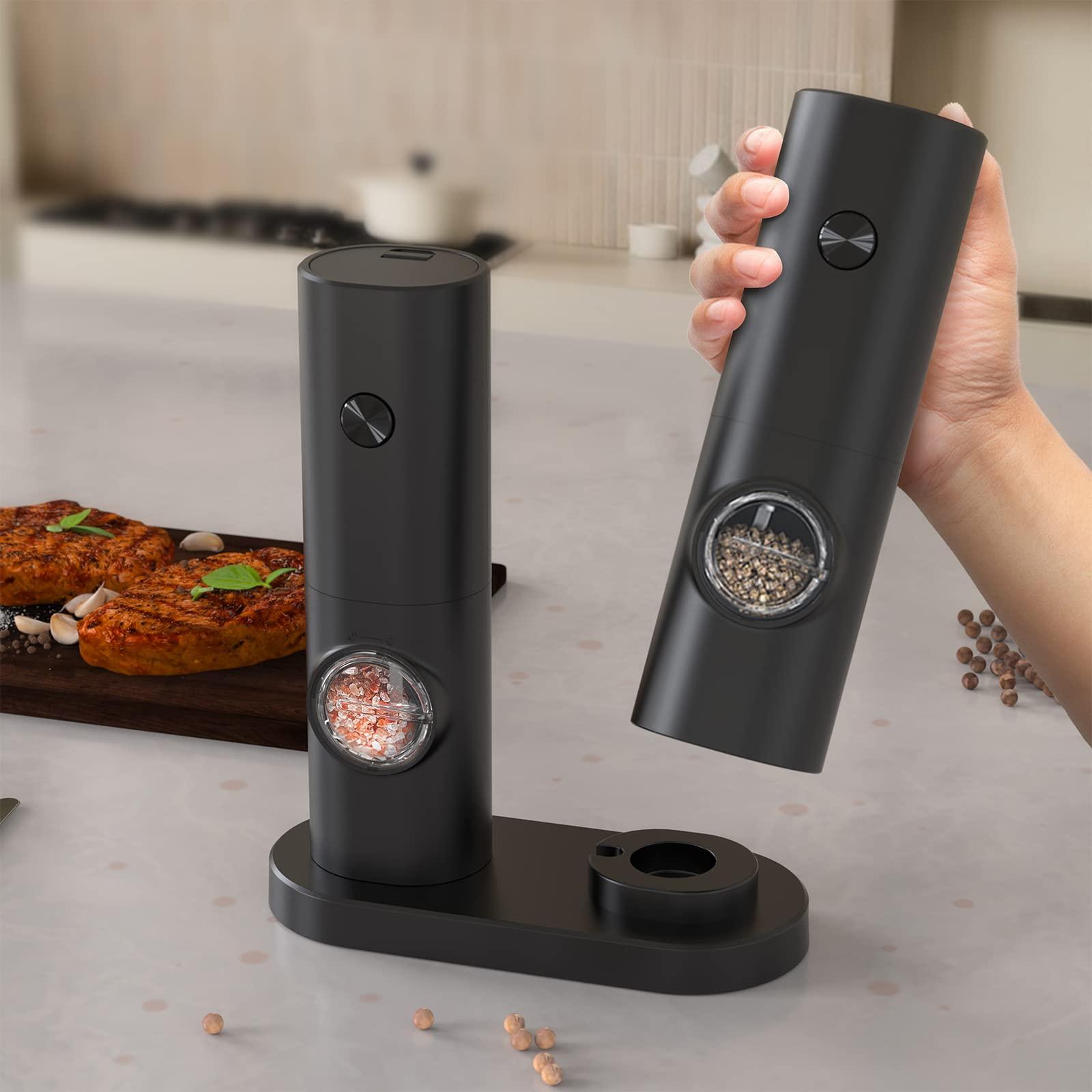 KIEKRO Electric Salt and Pepper Grinder Set (Storage Base), Battery Powered with LED Light, Adjustable Coarseness, One-hand One-button Start, ABS material, A Good Helper in the Kitchen, Black - Image 2