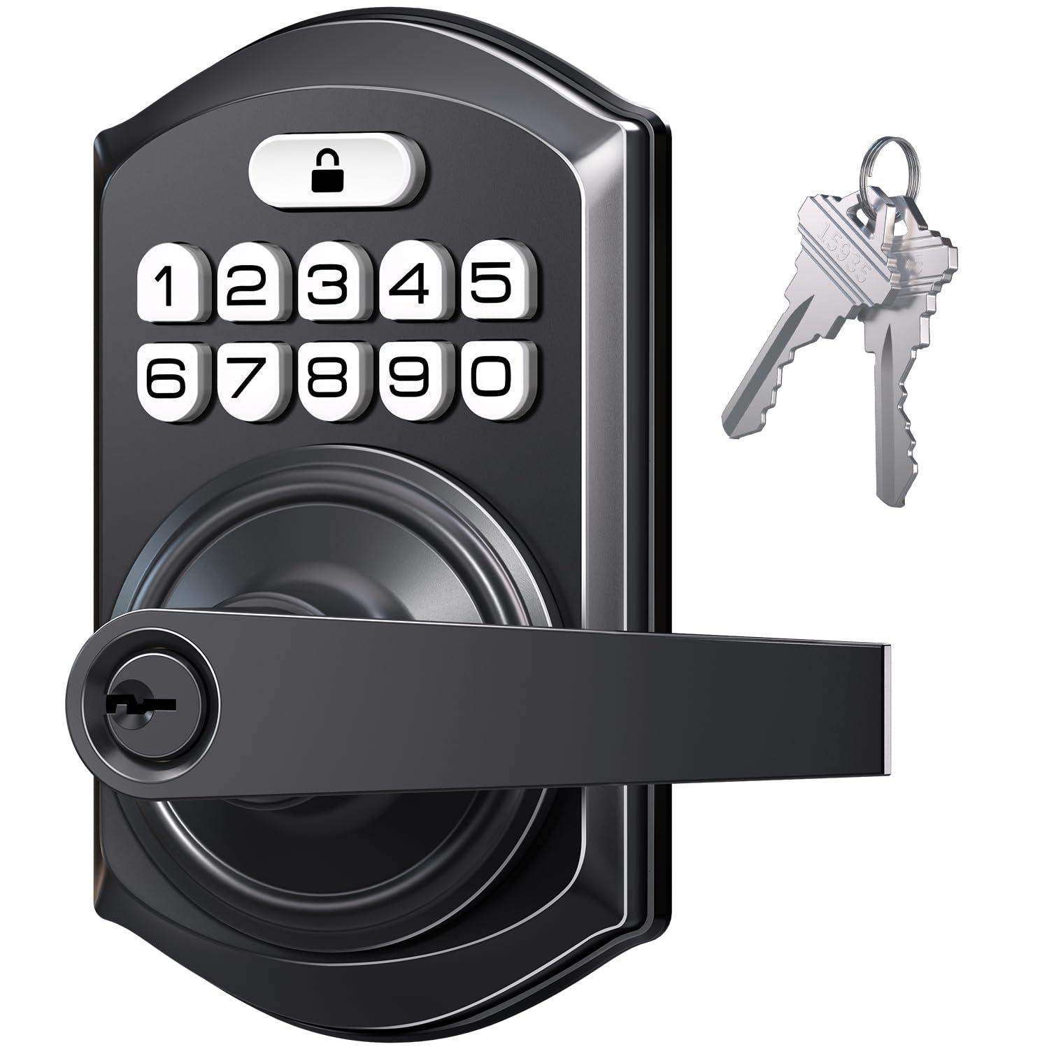 TEEHO TE004 Keyless Entry Keypad Door Lock with Handle - Front Digital Door Electronic Deadbolt with Anti-Peeping, Auto Lock & Passage Mode - Easy Installation - Matte Black
