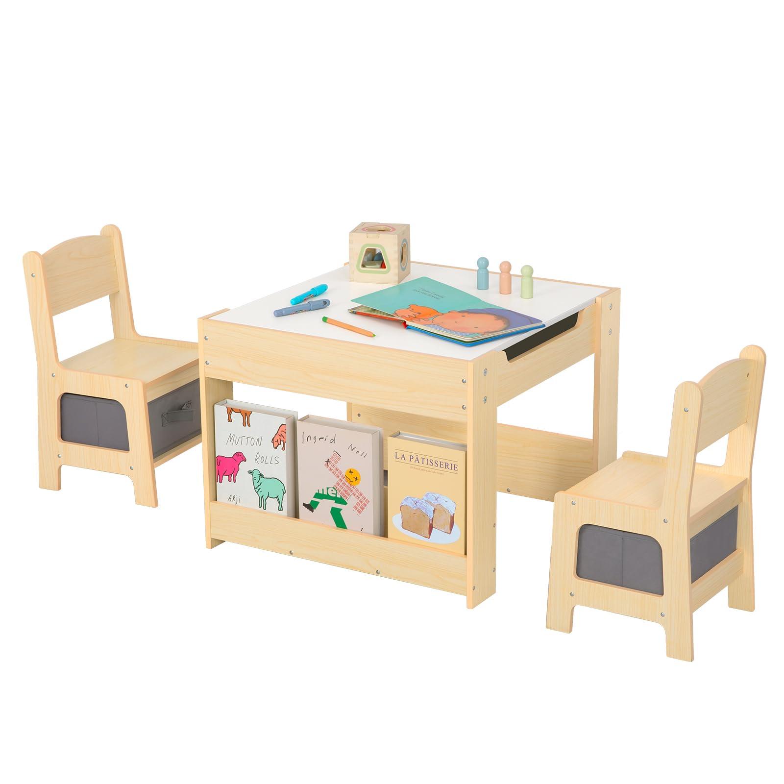 OOOK Kids Table and Chairs Ages 3-7, 4 in 1 Toddler Desk and Chair Set with Whiteboard, Blackboard, Storage Drawer and Book Rack. Toddler Activity Table for Kids Room, Nursery and Playroom