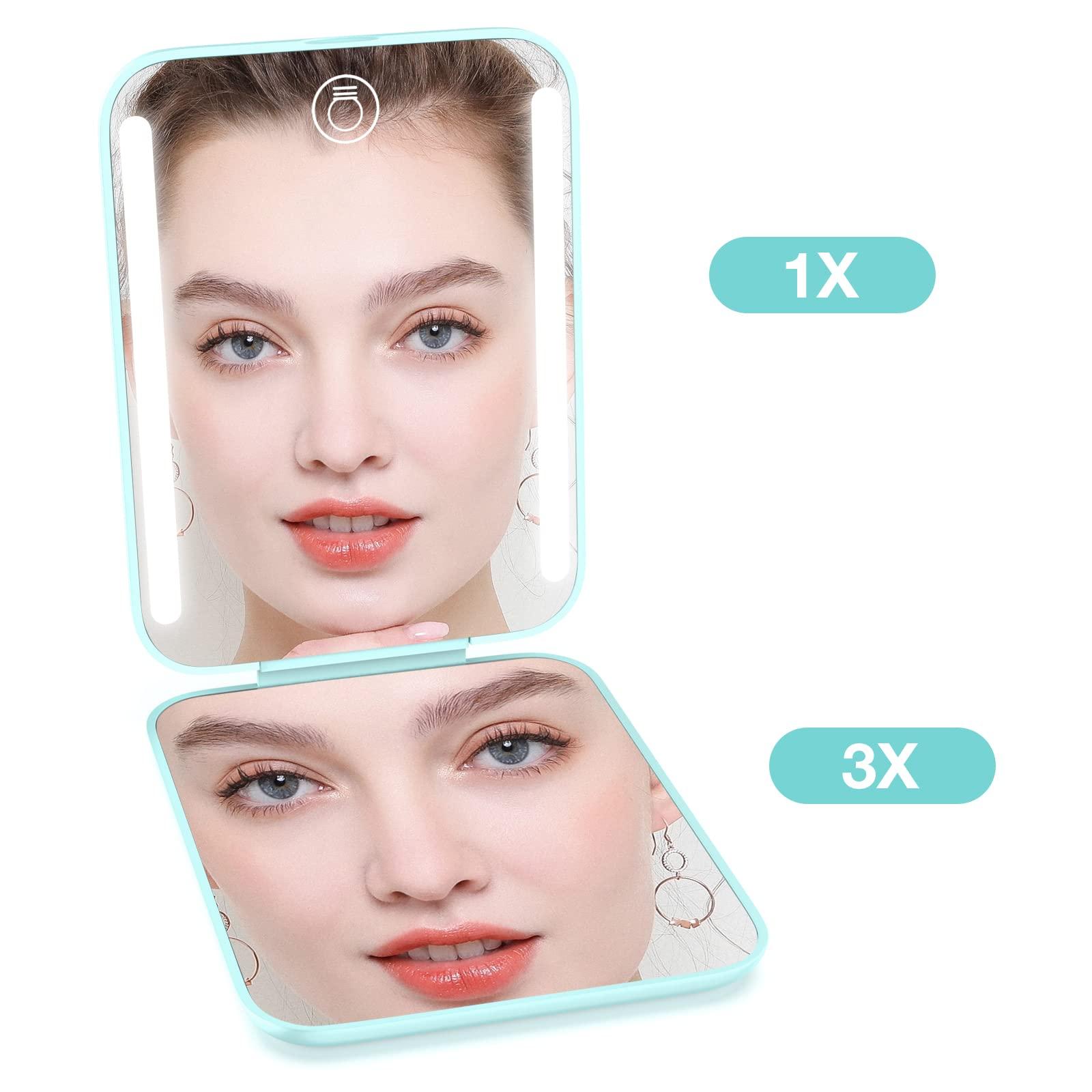 Kintion Rechargeable Pocket Mirror, Double Sided 1X/3X Magnification Compact Vanity Mirror, 3 Color Lights, Dimmable, Small Portable Wallet Mirror, Lighted Travel Mirror for Women Gifts, Cyan - Image 4
