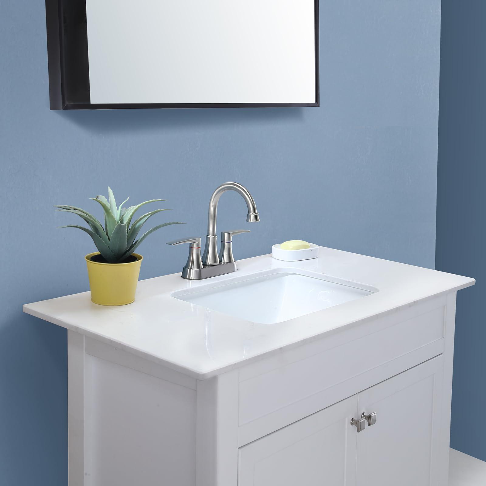 VALISY Brushed Nickel Bathroom Faucet, 2-Handle Lead-Free 360° Swivel High-Arc Spout 4 Inch Centerset Bath Lavatory Vanity Sink Faucets Set for Sinks with Drain & Water Hoses, VABM80008L - Image 2