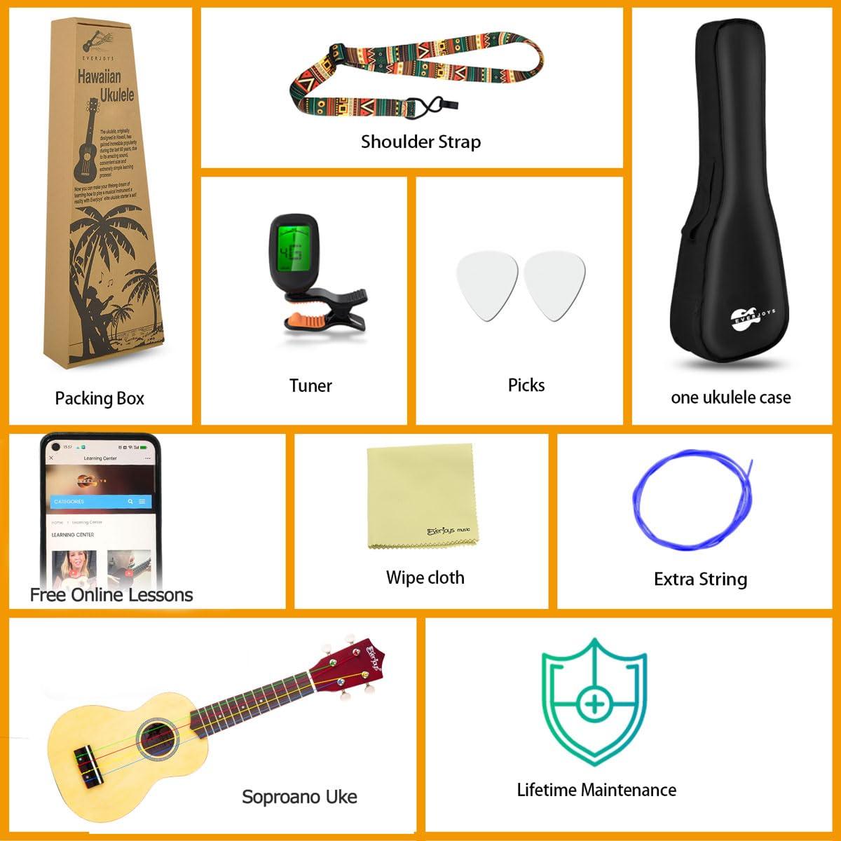 Everjoys Soprano Ukulele Beginner Pack-21 Inch w/Rainbow String Free Online Lesson Gig Bag Digital Tuner Pick All in One Kit - Image 6