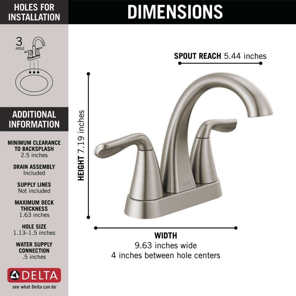 Delta Faucet Arvo Centerset Bathroom Faucet Brushed Nickel, Bathroom Sink Faucet, Drain Assembly Included, SpotShield Stainless 25840LF-SP - Image 3