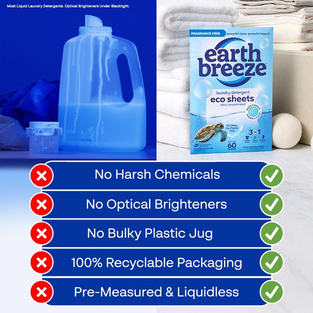 Earth Breeze Laundry Detergent Sheets Fragrance-Free - 60 Loads Eco Liquidless Soap - Travel-Friendly for Hot & Cold Cycles, Tackles Tough Stains & Odors - Gentle on Sensitive Skin, 30 Ct - Image 5
