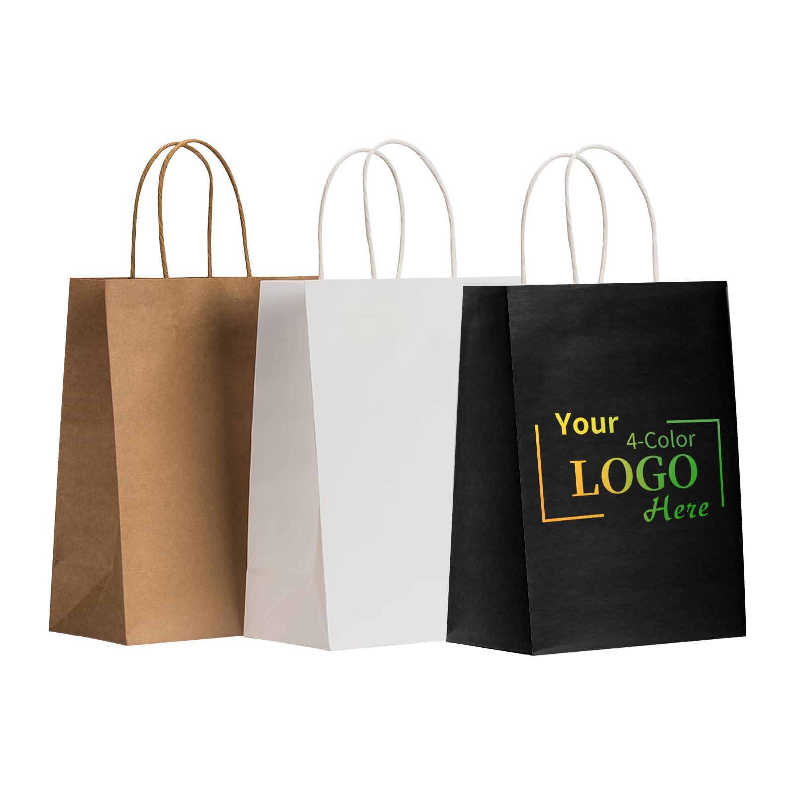 RACETOP 50 PCS Custom Paper Bags with Logo for Small Business, 8x4.5x10.8 Inch Medium Size, Personalized Gift Bags, Brown Shopping Paper bag with Handle, White Goodie Bag, Bulk