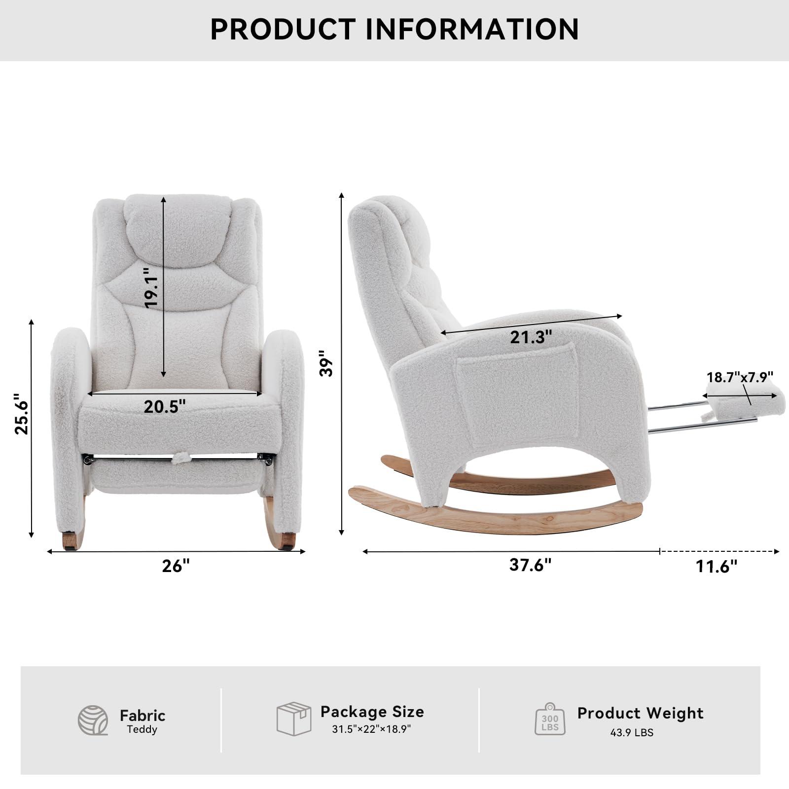 FOXHUNTER Rocking Chair Nursery, Modern Glider Chair with Adjustable Footrest and Solid Wood Legs, High Backrest Nursery Chair with Side Pocket, Rocker Armchair for Living Room Bedroom, Teddy Ivory - Image 2