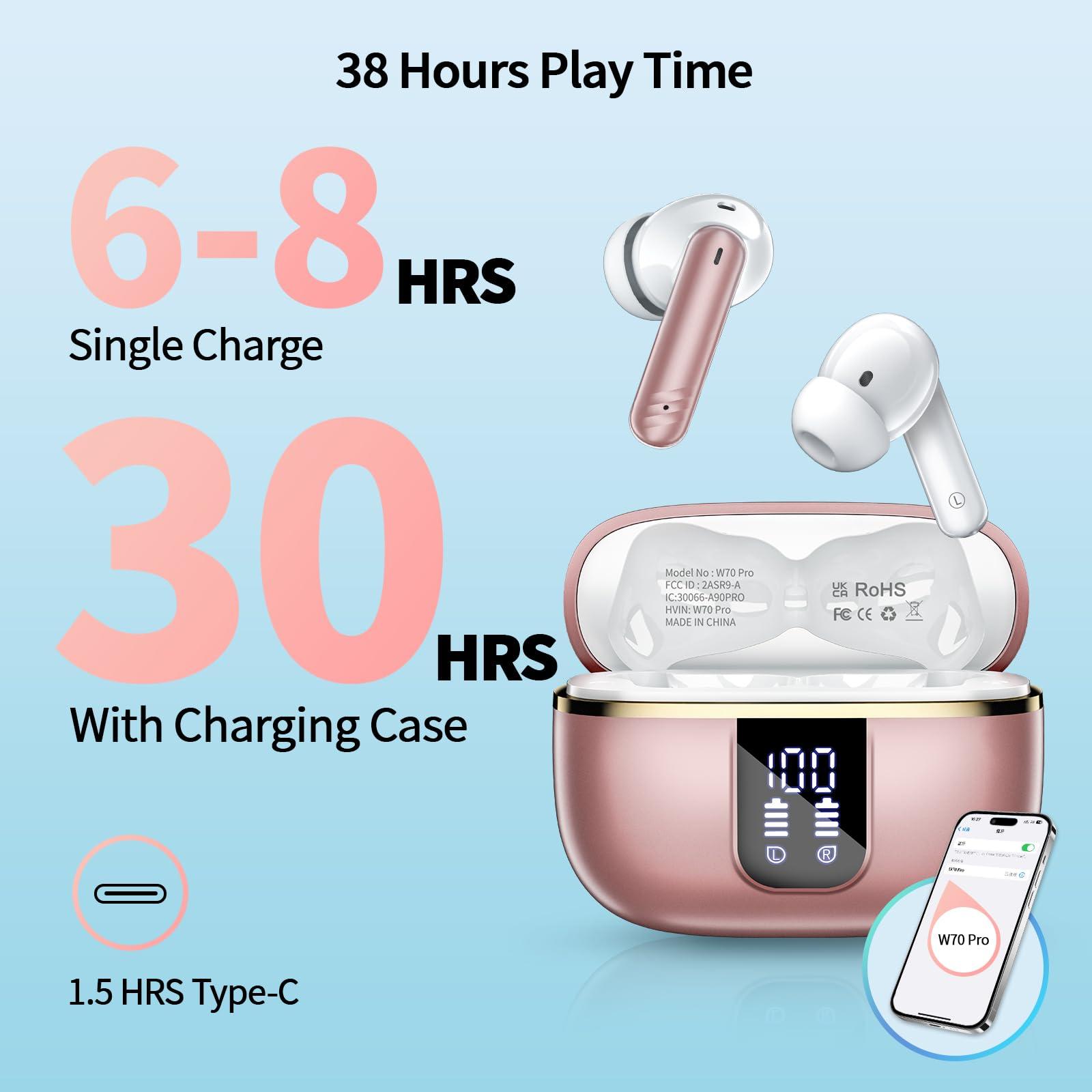Wireless Earbuds Bluetooth, In Ear Headphones Bluetooth 5.4 Stereo Deep Bass, Ear Buds with Noise Cancelling Mic, 38H Playtime with LED Display, IPX7 Waterproof, Earphones for Android iOS, Rose Gold - Image 5
