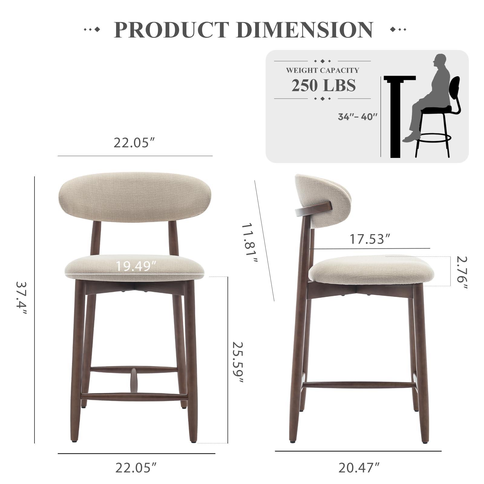 COLAMY Bar Stools with Back, Counter Height Bar Stools, Upholstered Counter Stools with Wood Legs for Kitchen Island Dining Room Bar, Beige - Image 2
