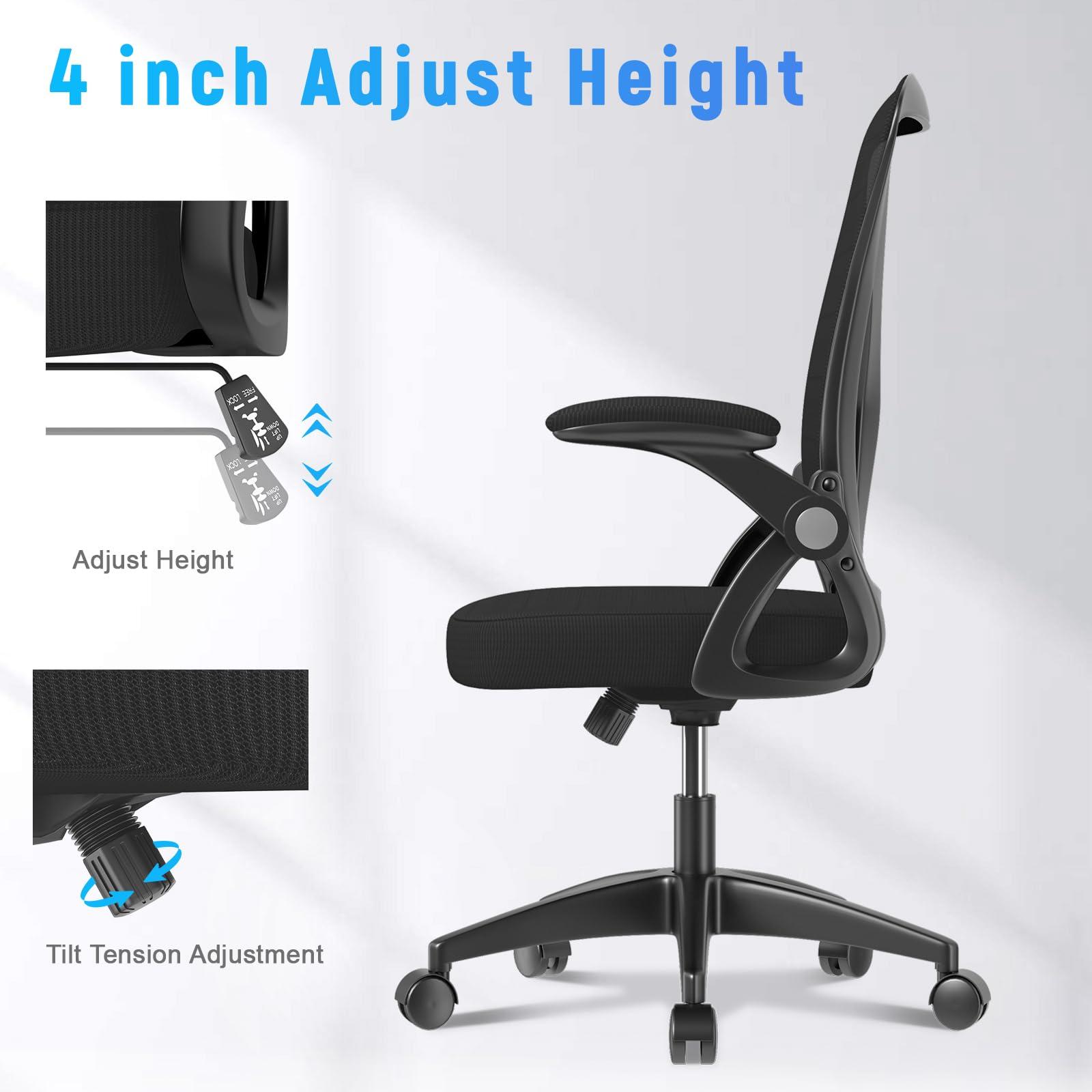 naspaluro Ergonomic Office Chair, Mid Back Desk Chairs with Adjustable Height, Swivel Chair with Flip-Up Arms and Lumbar Support, Breathable Mesh Computer Chair for Home/Study/Working, Dark Black - Image 7