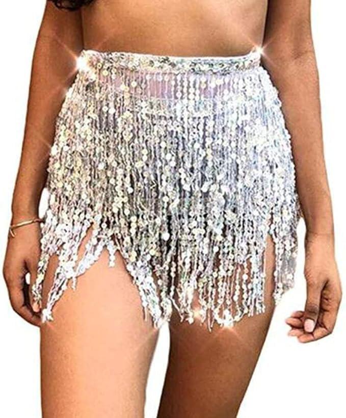 Women Sequin Tassel Skirt Glitter Sparkly Fringe Belly Dance Hip Scarf Skirts Metallic Rave Party Belts Costume - Image 3