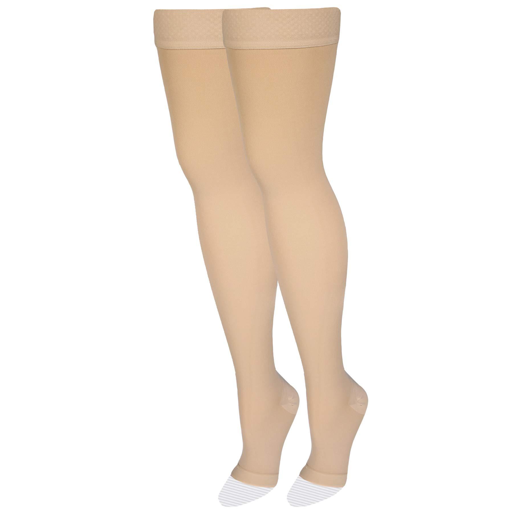 Amazon Basic Care Medical Compression Stockings, 20-30 mmHg Support, Women & Men Thigh Length Hose, Open Toe, Beige - Image 3