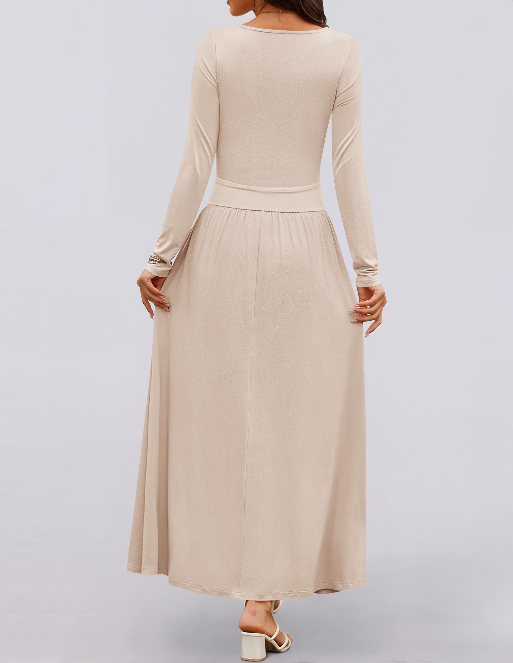 ZESICA Women's Long Sleeve Spring Maxi Dress 2025 Crewneck Knit Casual Slim Swing Pleated Dresses with Pockets - Image 3