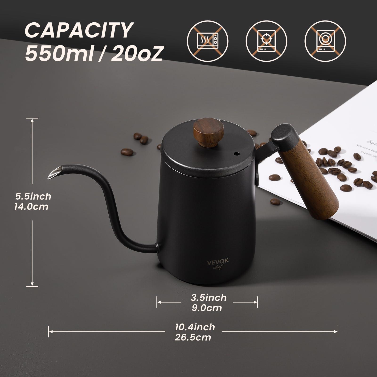 VEVOK CHEF Mini Gooseneck Kettle with Wooden Handle, 20 Ounce 550ml for 2 Cups, Stainless Steel Narrow Long Spout, Small Tea Water Coffee Kettle for Pour Over, Drip Coffee Maker, Teapot - Image 3