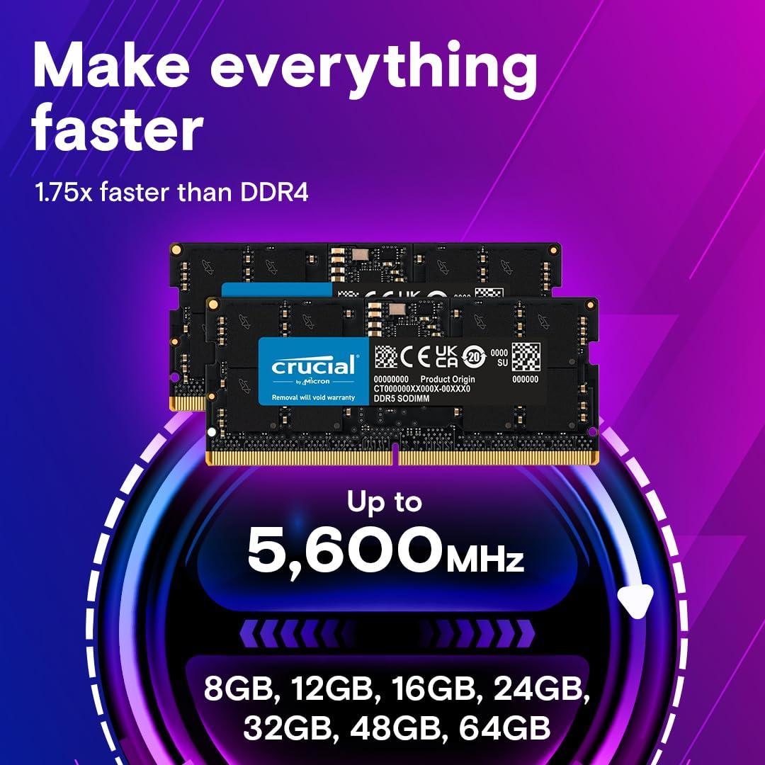 Crucial 32GB DDR5 RAM Kit (2x16GB), 5600MHz (or 5200MHz or 4800MHz) Laptop Memory 262-Pin SODIMM, Compatible with Intel Core and AMD Ryzen 7000, Black - CT2K16G56C46S5 - Image 3