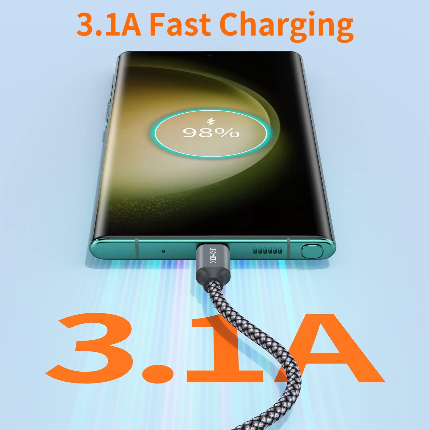 JXMOX USB C Cable,USB A to Type C 3A Fast Charging (10ft 2-Pack) Long Charger Cord Compatible with iPhone 15 16 Pro Max Plus,Samsung Galaxy S20 S10 S9 S8,Note 9 10+,A11 A20 A50 A51 A60 A71,Moto Z2 Z3 - Image 2