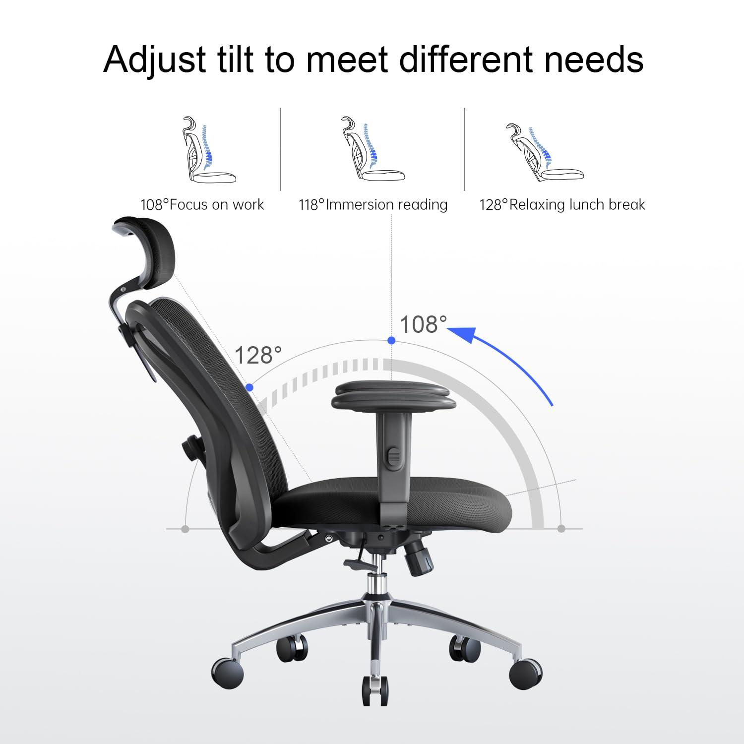 SIHOO M18 Ergonomic Office Chair for Big and Tall People Adjustable Headrest with 2D Armrest Lumbar Support and PU Wheels Swivel Tilt Function Black - Image 8