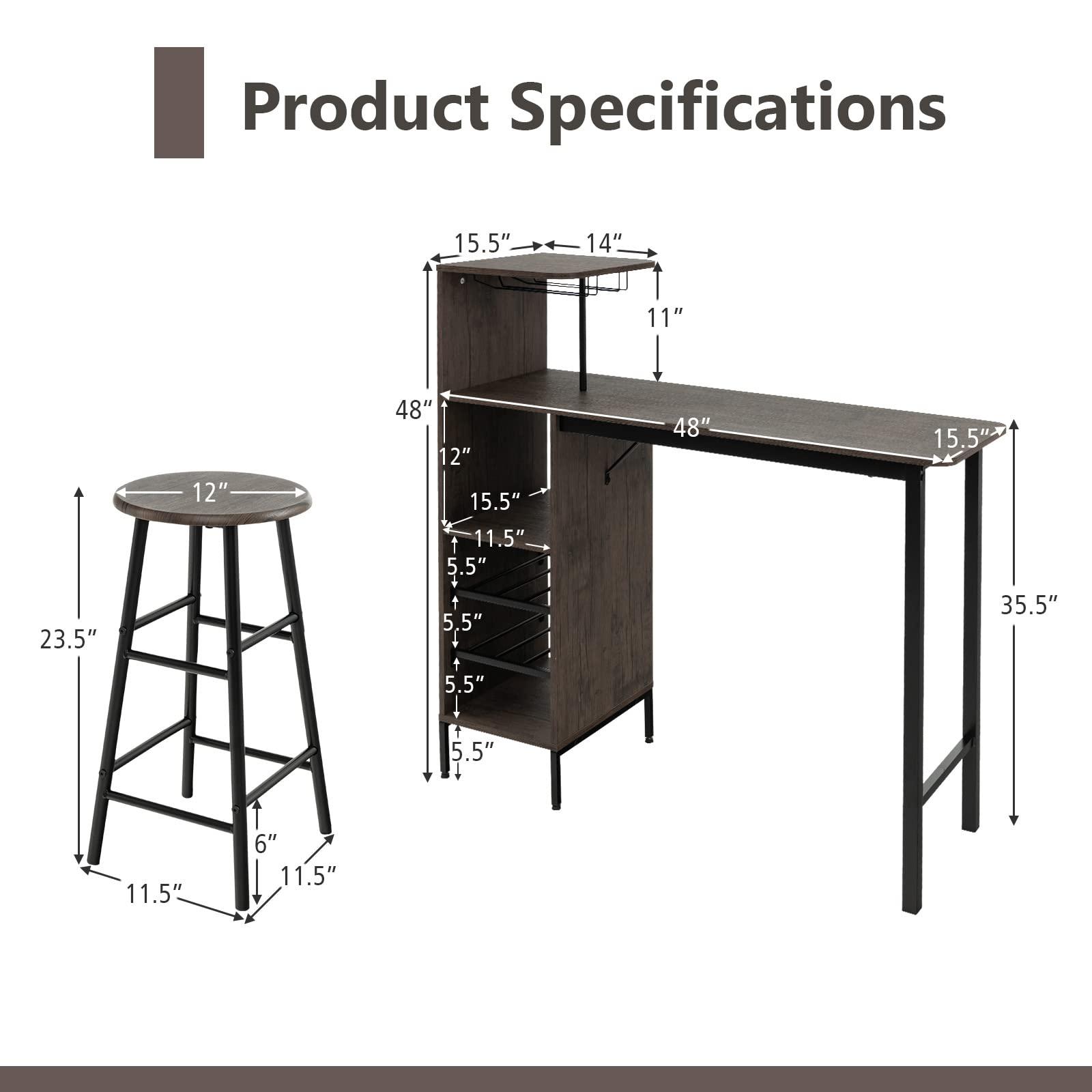 GOFLAME Bar Table and Chairs Set for 2, Counter Height Dining Table Set with Shelves, Cup Holder & Wine Rack, Breakfast Table & Chair Set, 3-Piece Pub Table Set for Kitchen, Dining Room - Image 3
