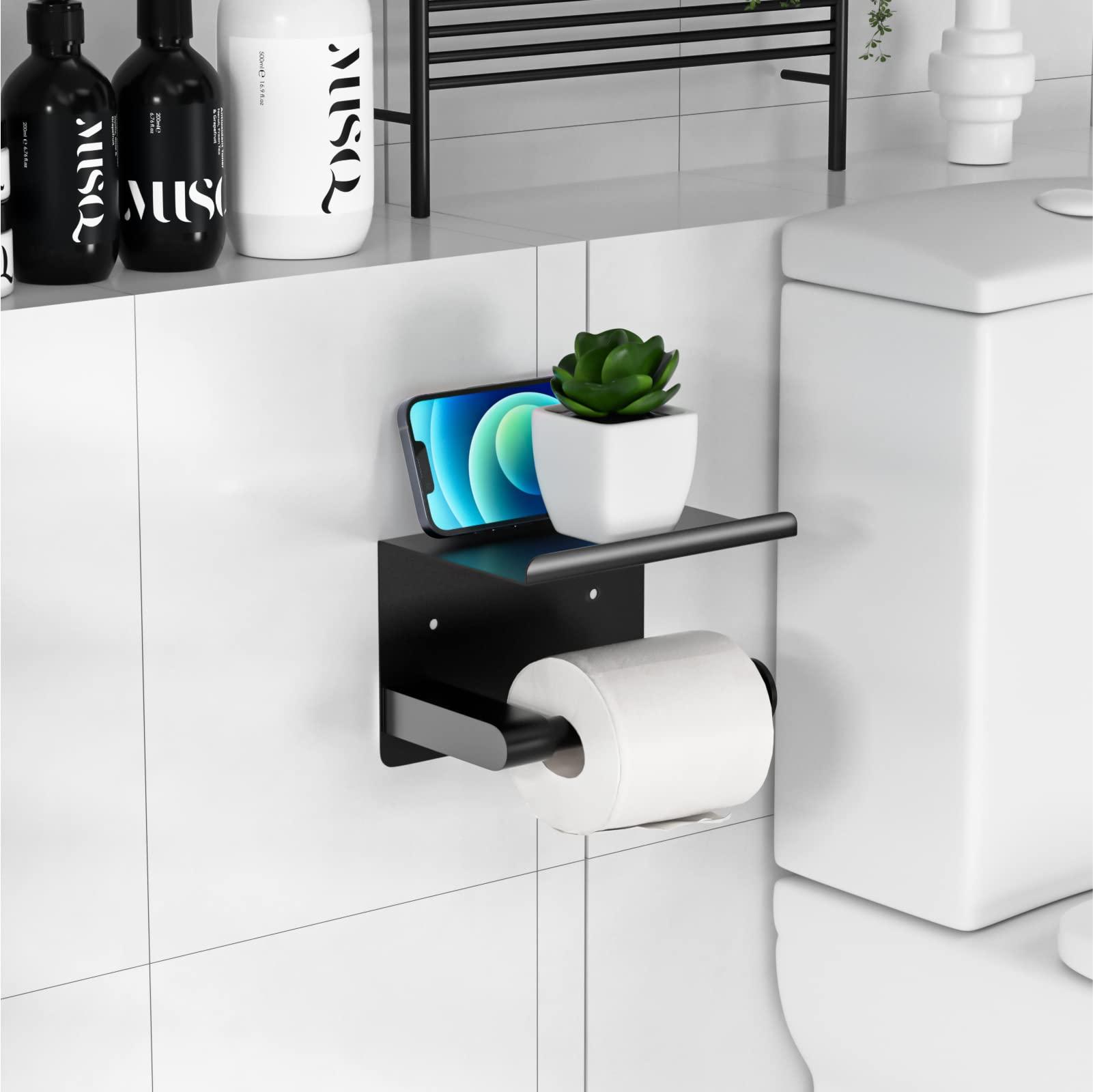GLNLQ Matte Black Toilet Paper Holder with Shelf, Fits Mega Rolls, Rustproof Stainless Steel, Self Adhesive Wall Mount Toilet Paper Roll Holder, for Bathroom, Washroom, Kitchen, RV - Image 2
