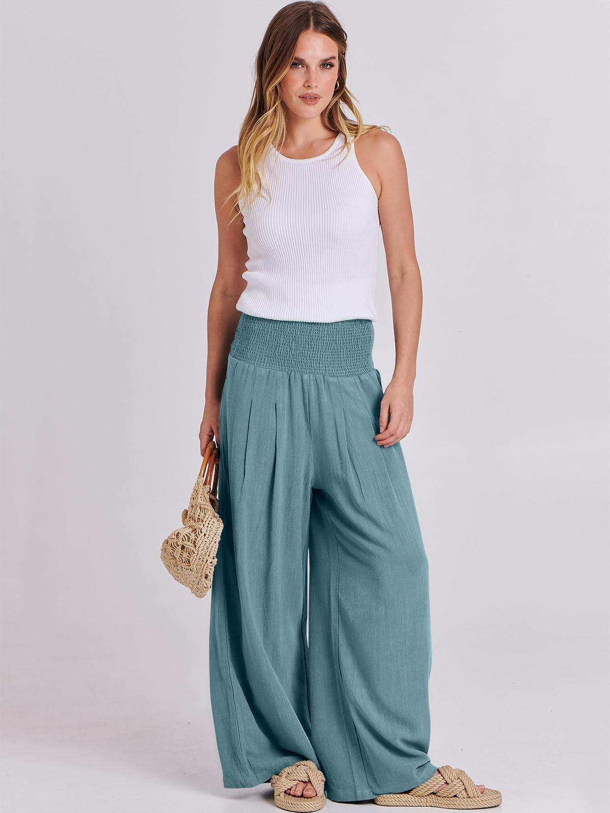 ANRABESS Women Linen Palazzo Pants Summer Boho Wide Leg High Waist Casual Lounge Pant 2025 Beach Travel Vacation Outfits - Image 5