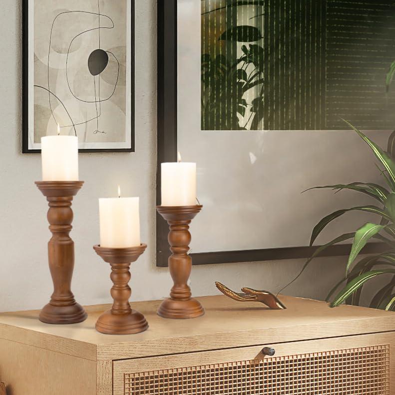 Rustic Wooden Pillar Candle Holders Set of 3, 12'' 9'' 6'' Farmhouse Wood Candle Stand for Table Centerpieces, Vintage Tall Candleholders Fireplace Mantel Decor for Living Room, Brown - Image 2