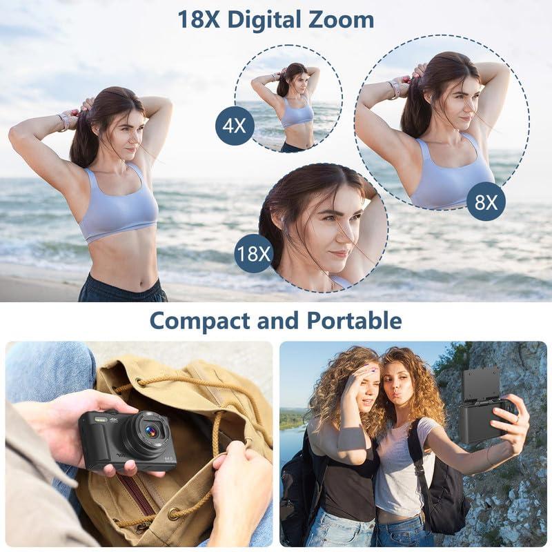Digital Camera for Photography, 4K Vlogging Camera for YouTube 3" 180° Flip Screen 18X Digital Zoom Compact Retro Cameras with 32GB TF Card & 2 Batteries, Black - Image 6