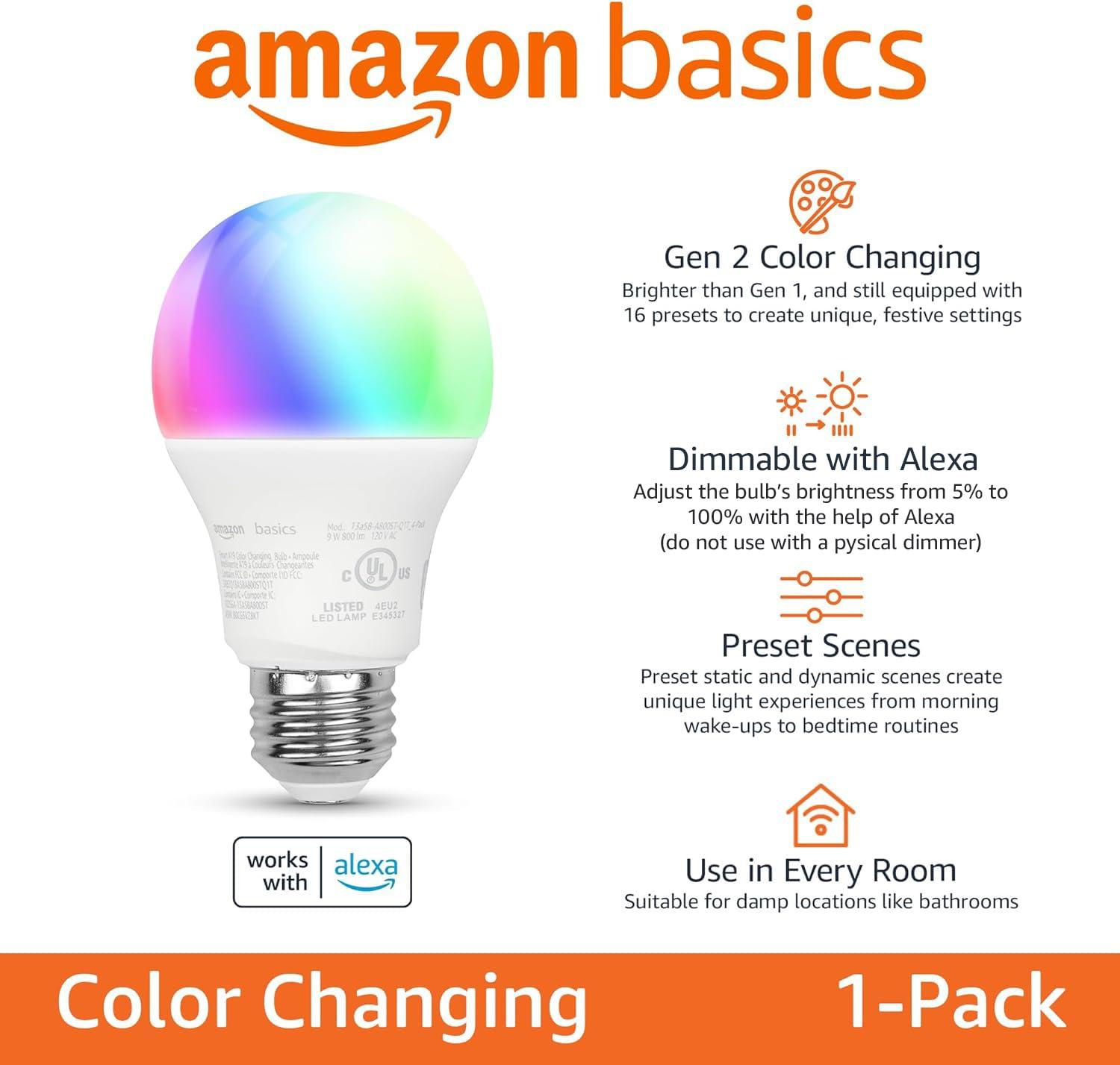 Amazon Basics Smart A19 LED Light Bulb, Color Changing, 9W (60W Equivalent), 800LM, Works with Alexa Only, 2.4 GHz Wi-Fi, No Hub Required, 1 Pack - Image 2