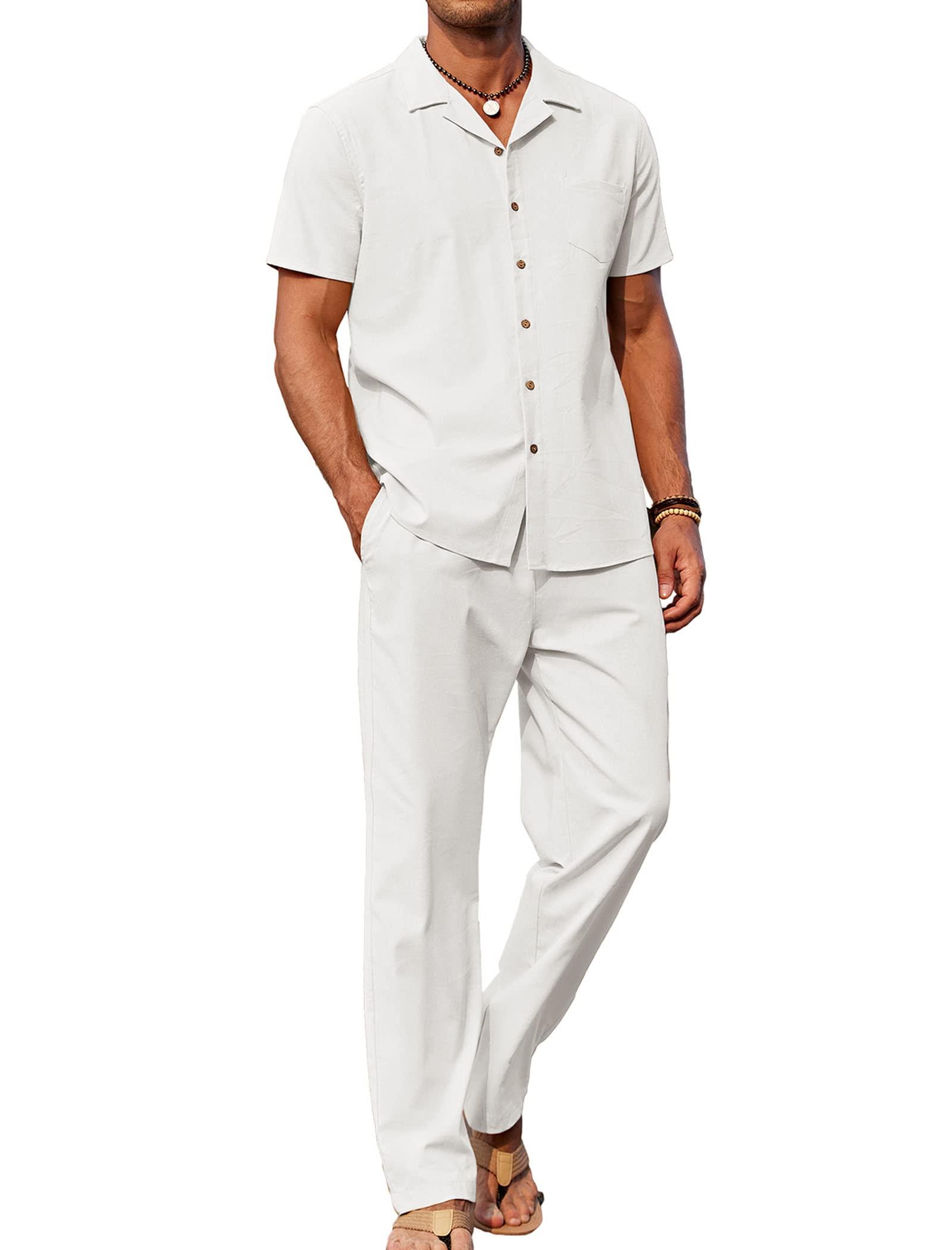 COOFANDY Men 2 Piece Linen Outfit Beach Button Down Shirt Casual Loose Pant Sets
