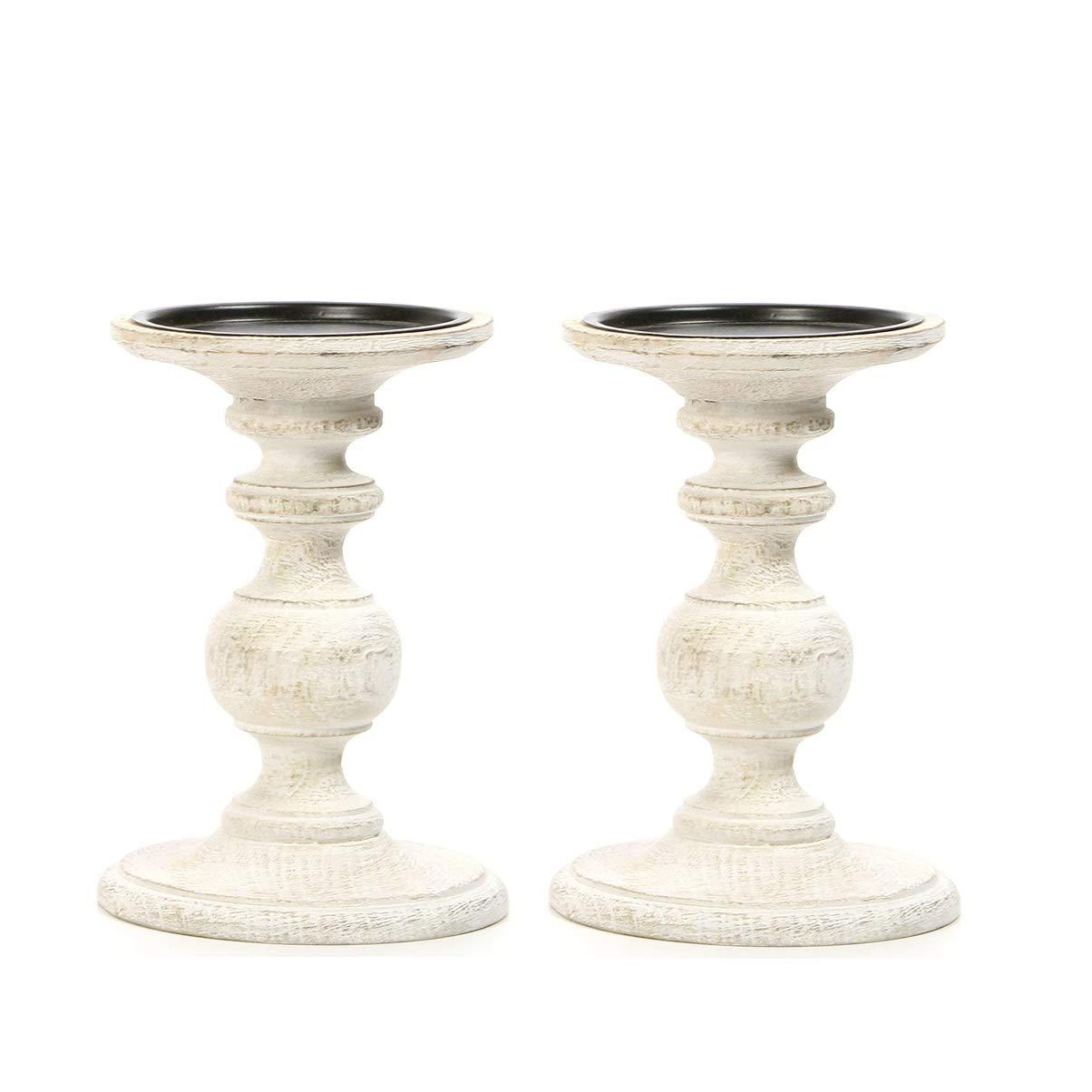 Hosley Set of 2 Antique White Wooden Pillar Candle Holder Country Style 7 Inch High Ideal Gift for Wedding Party Special Occasion or as a Candle Holder