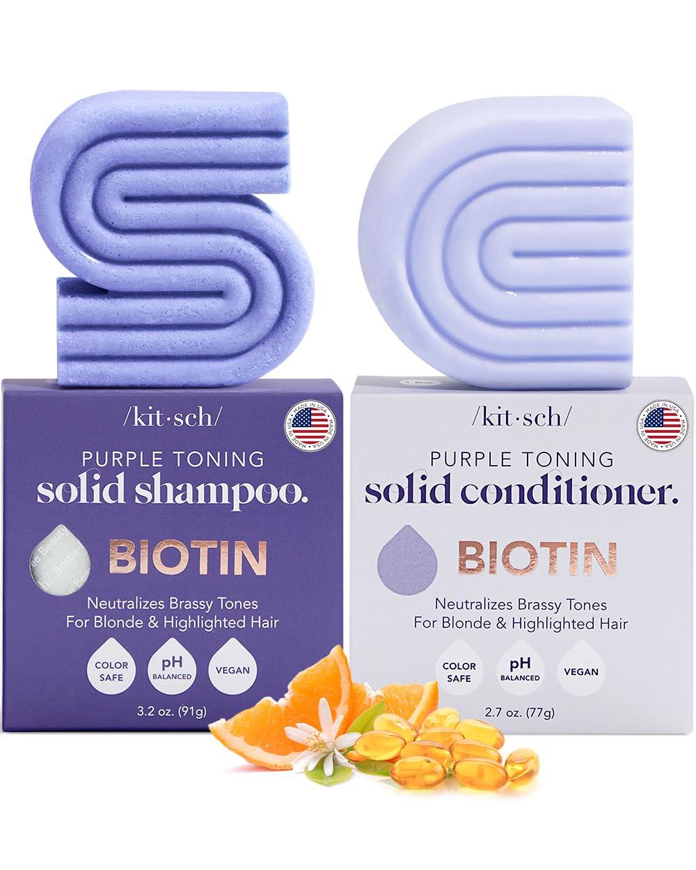 Kitsch Toning Purple Shampoo & Conditioner Bar Set For Blondes & Color Treated Hair - With Biotin for Strengthening & Neutralizing Brassy Tones - Vegan, Silicone & Sulfate Free - Made in USA