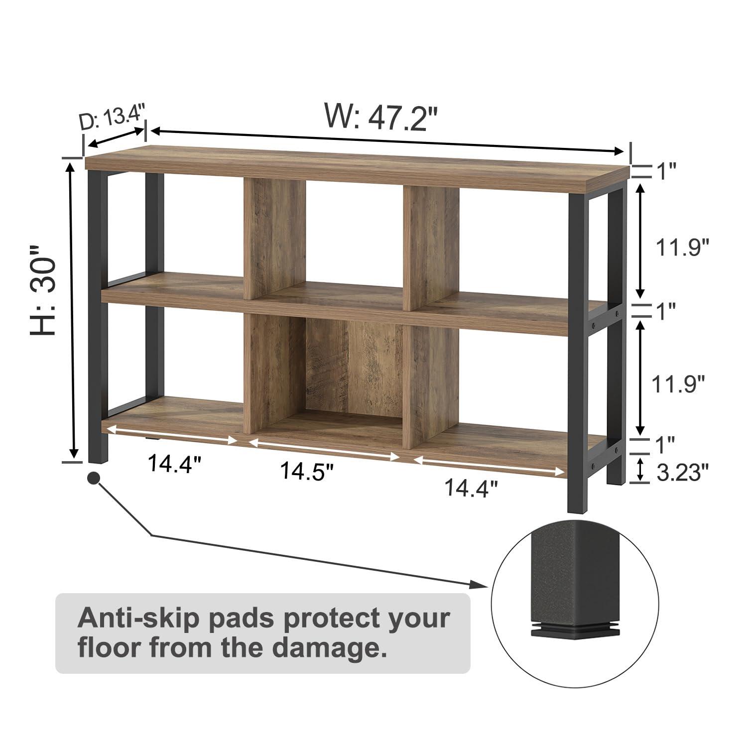 FOLUBAN 6 Cube Storage Organizer with Shelf, Industrial Horizontal Bookshelf, Low Cubby Bookcase for Living Room Bedroom, 47 Inch Oak - Image 2