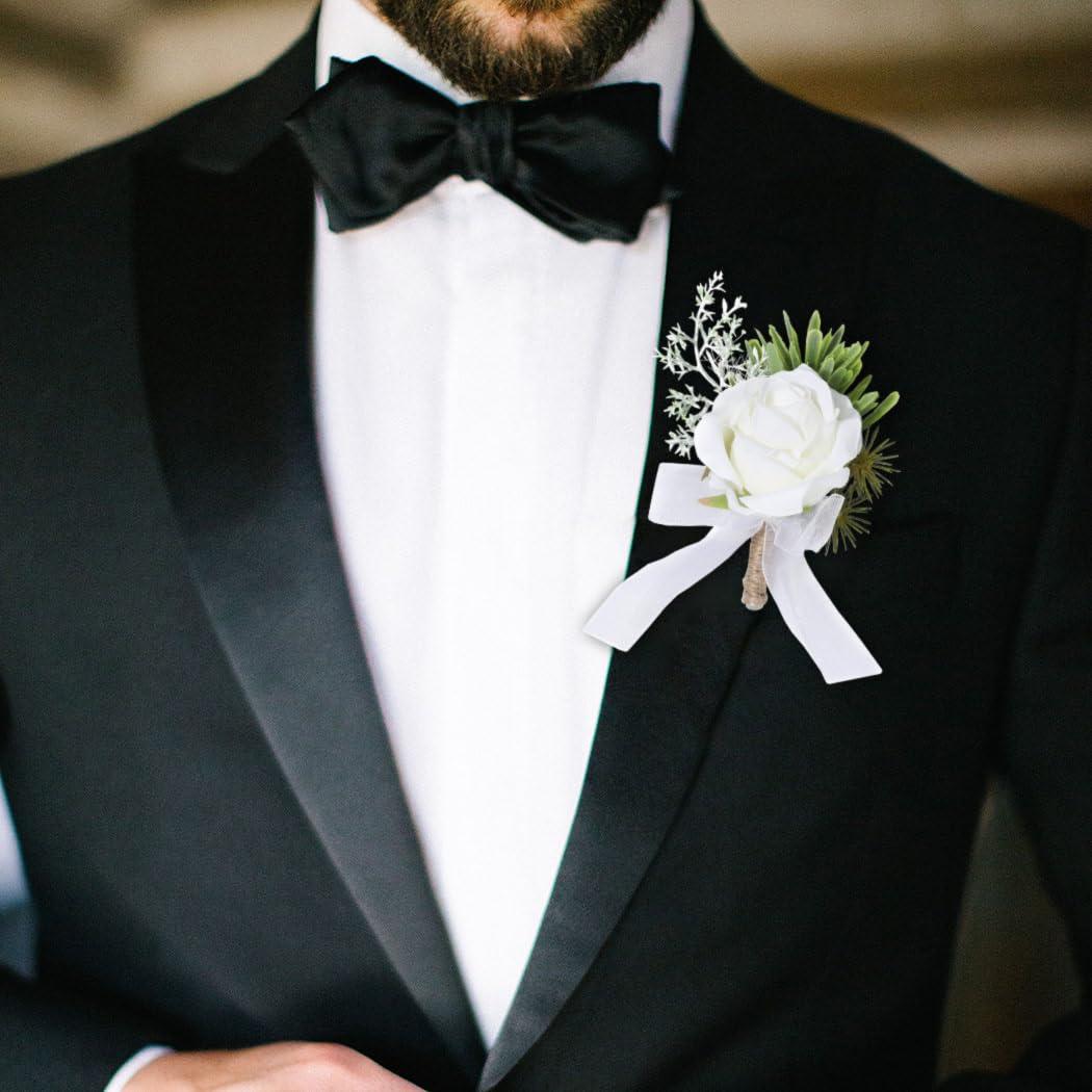 Latious Wedding Rose Boutonniere White Groom Flower Men's Boutineer Prom Buttonholes Party Suit Decor Anniversary Accessories for Bridegroom and Man (A- White) - Image 3