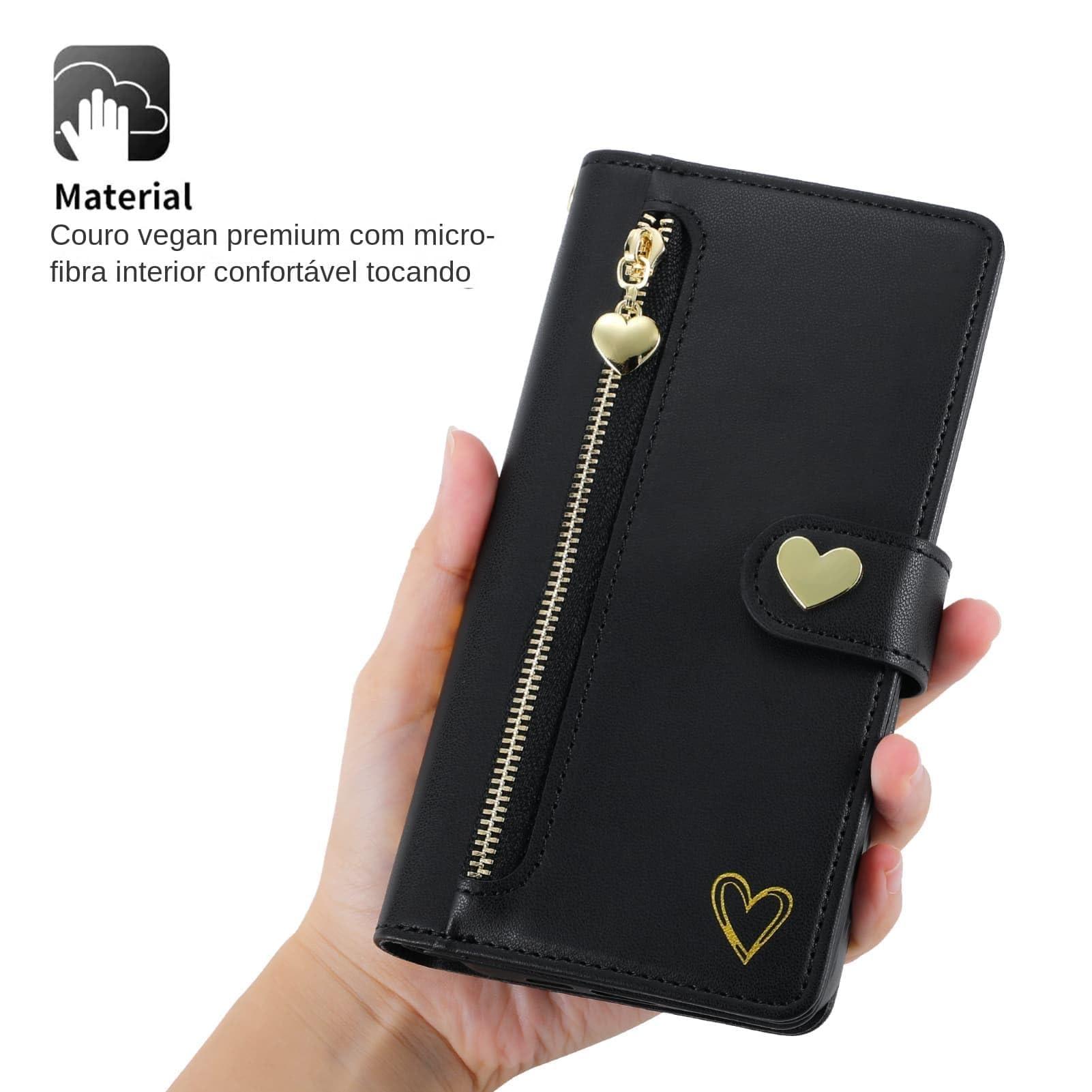 for iPhone 16 Pro Max Phone Case Leather Wallet Pocket Folio Flip Cover Kickstand, 3 Layer Multi Card Holder Cash Slot Photo Bag, Golden Love Zipper Puller + Magnetic Buckle, Wrist Strap - Image 8