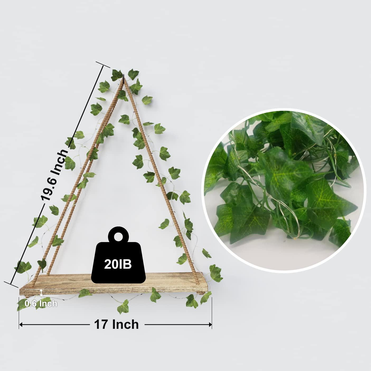 RICHER HOUSE Artificial Ivy LED-Strip Wall Hanging Shelves Set of 2, Macrame Shelf for Bedroom Bathroom Living Room Kitchen, Wood Hanging Plant Shelves for Wall Décor - Image 2