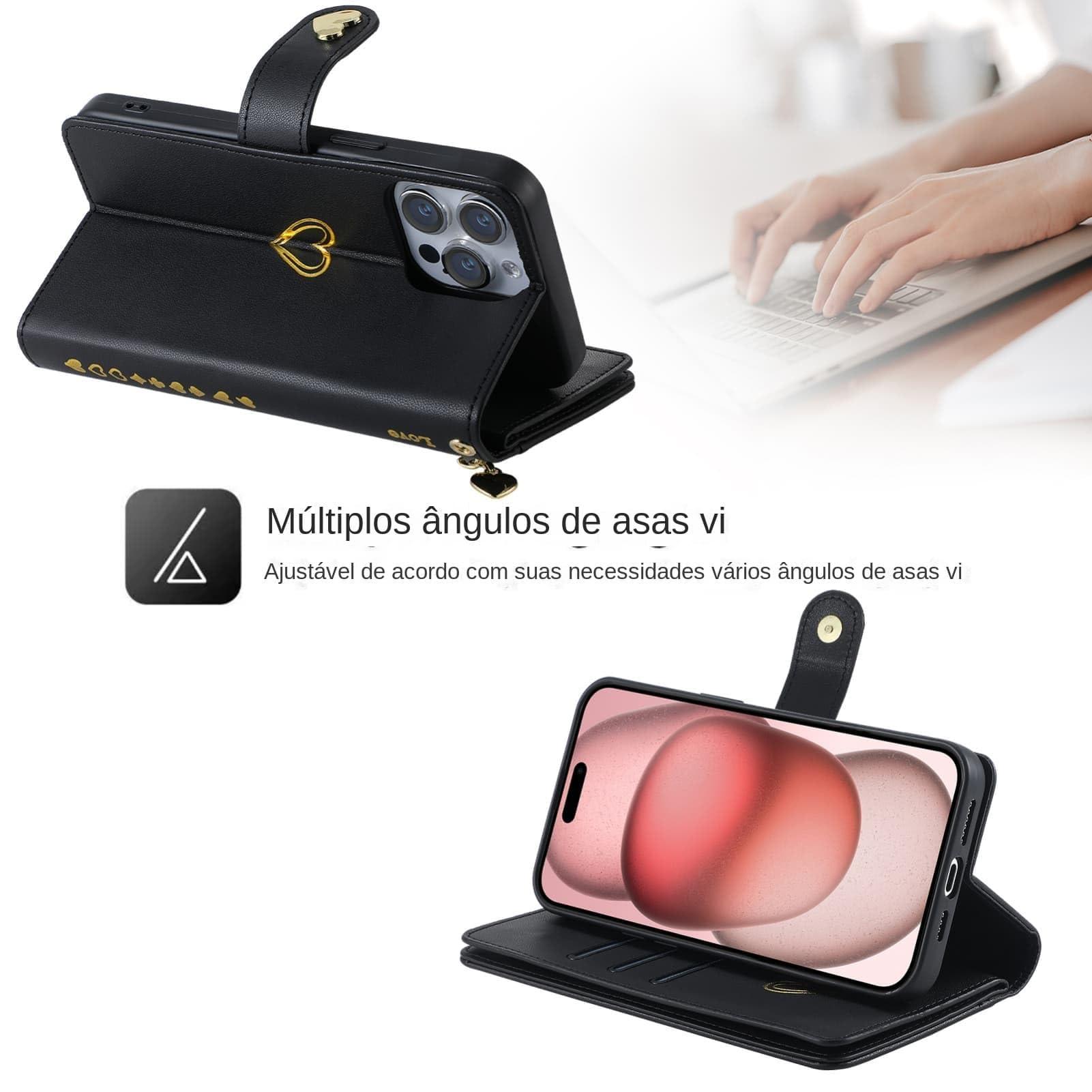 for iPhone 16 Pro Max Phone Case Leather Wallet Pocket Folio Flip Cover Kickstand, 3 Layer Multi Card Holder Cash Slot Photo Bag, Golden Love Zipper Puller + Magnetic Buckle, Wrist Strap - Image 5