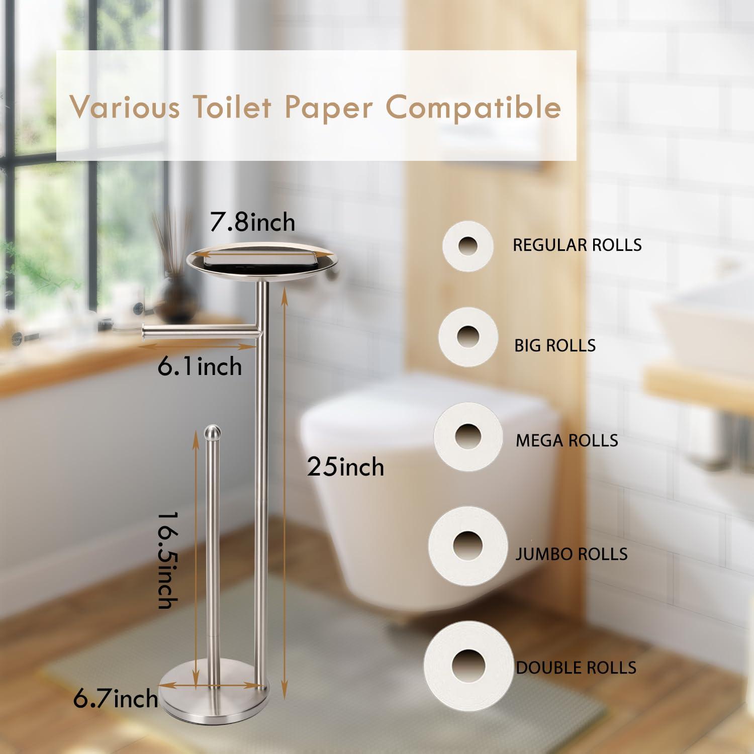 Kalitro Toilet Paper Holder Freestanding with Big Shelf, 4 Rolls Reserve Paper Holder Stand, Modern Paper Roll Holder with Storage Space for Phones (Brushed Nickel) - Image 7