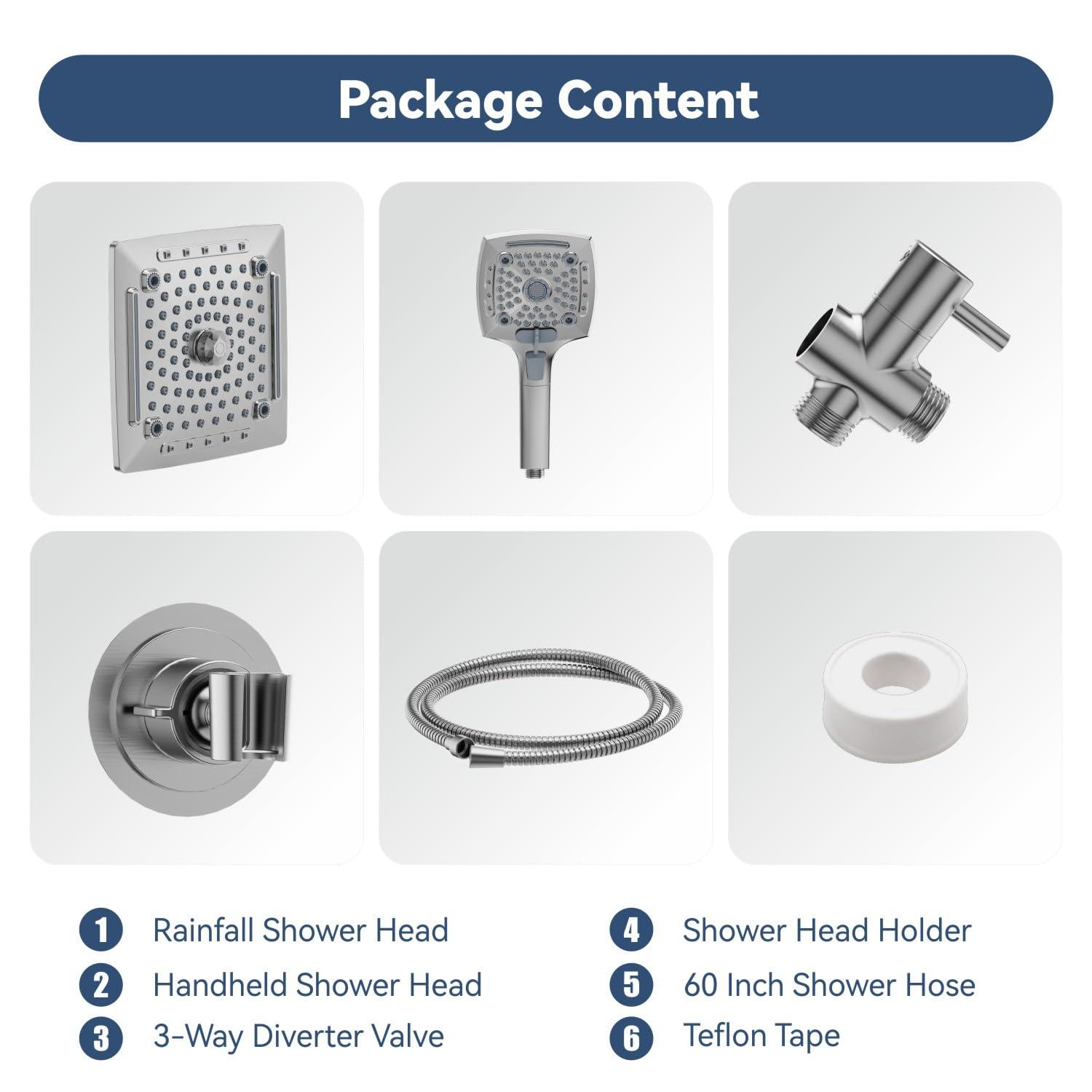 ELLO&ALLO Rain Shower Head with Handheld Spray, Rainfall Shower Head Combo with 60" Hose, Adjustable Dual Showerhead Set with 3-Way Diverter, Brushed Nickel - Image 6
